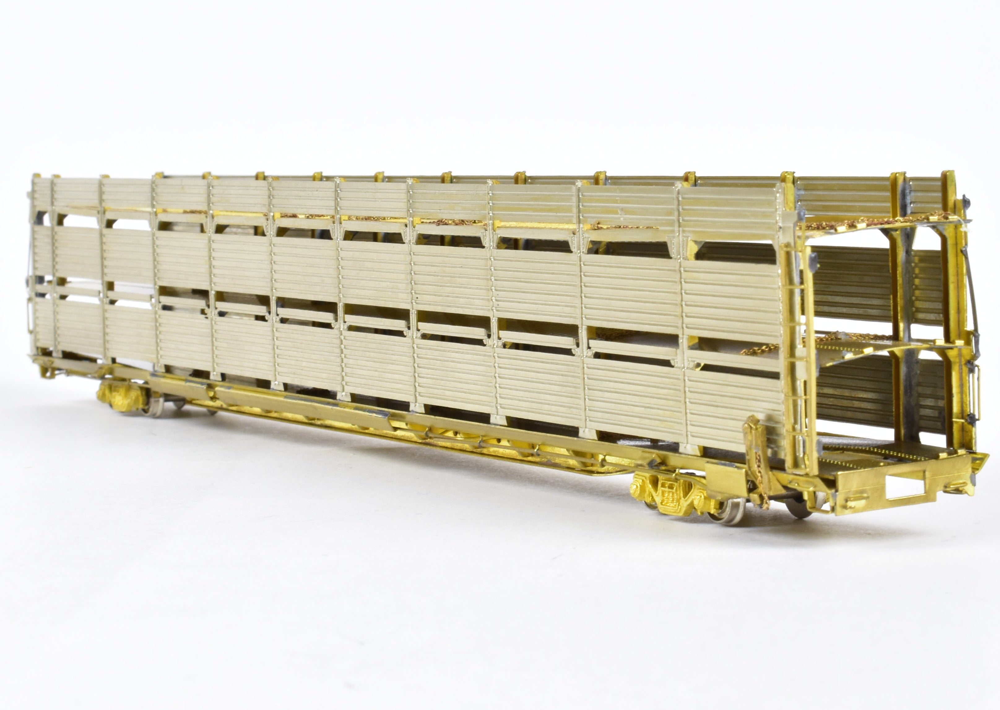 HO Scale Brass Tri - Level Auto Rack Model by Overland Models, Inc. (OMI) for Various Railroads like ATSF, BN, CR, N&W, and SP with Pressed Sides and Optional Roof