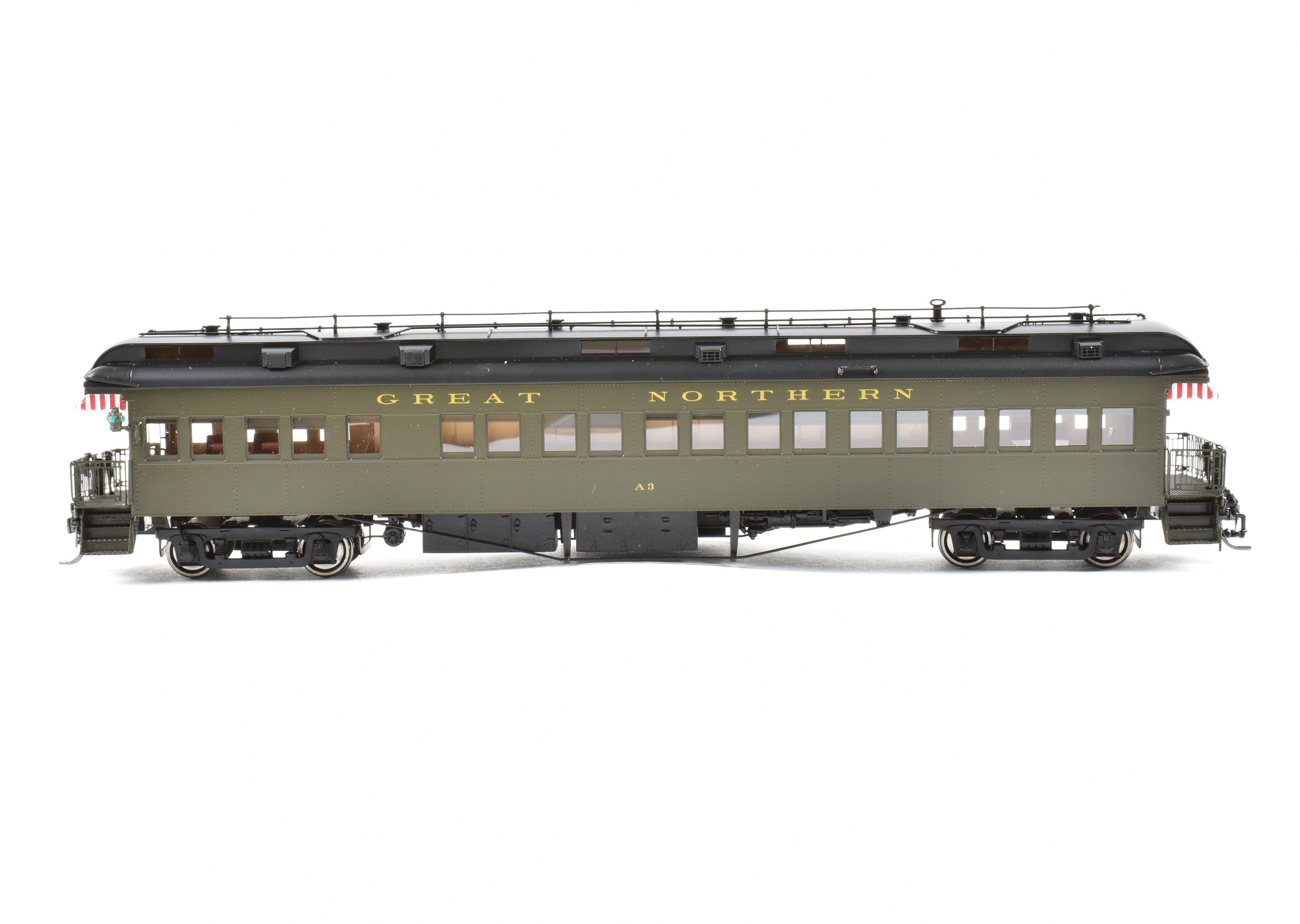 High - Quality HO Scale New Brass Model Train: North Bank Line (NBL) and Great Northern (GN) 2nd A3 Business Car in Pullman Green Color