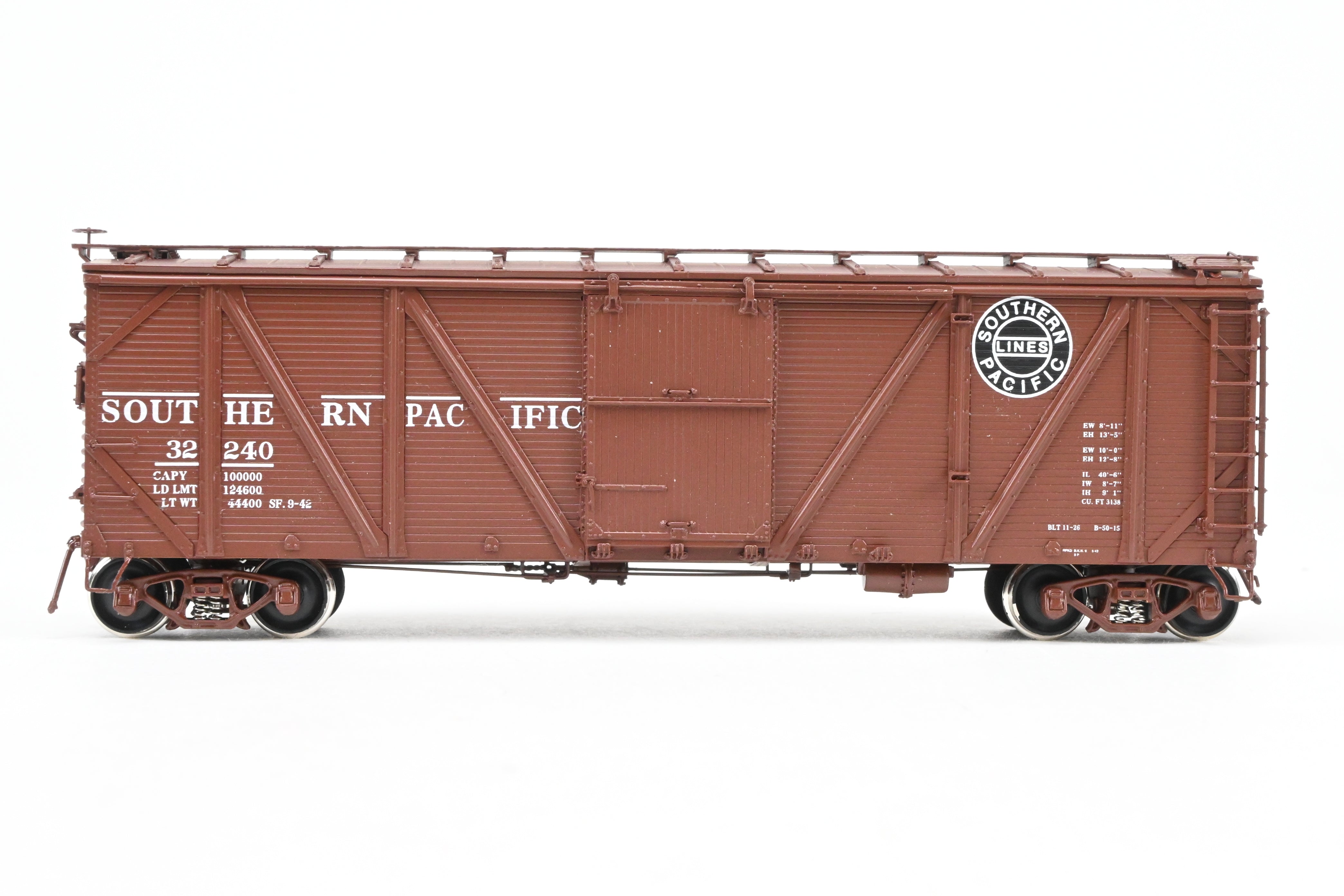 HO Scale Brass Challenger Imports Southern Pacific Class B - 50 - 15 Outside Braced Wood - Sheathed Box Car with Hutchins Roof, Model Number FP #32240