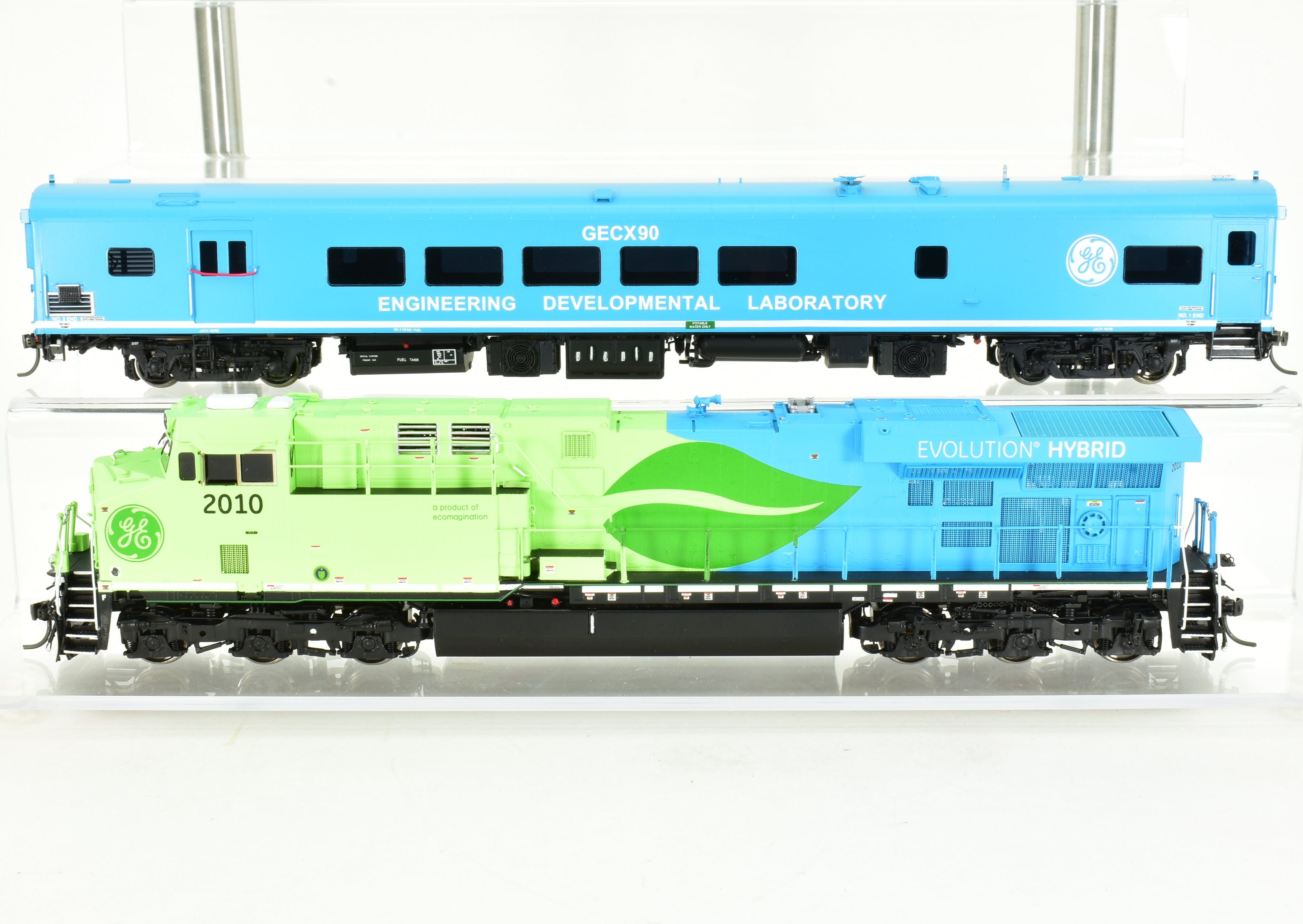 HO Scale Brass Model Train Set - Overland Models Inc. GE Demo, General Electric Demonstrator GE Evolution and Test Car Set with Factory Paint