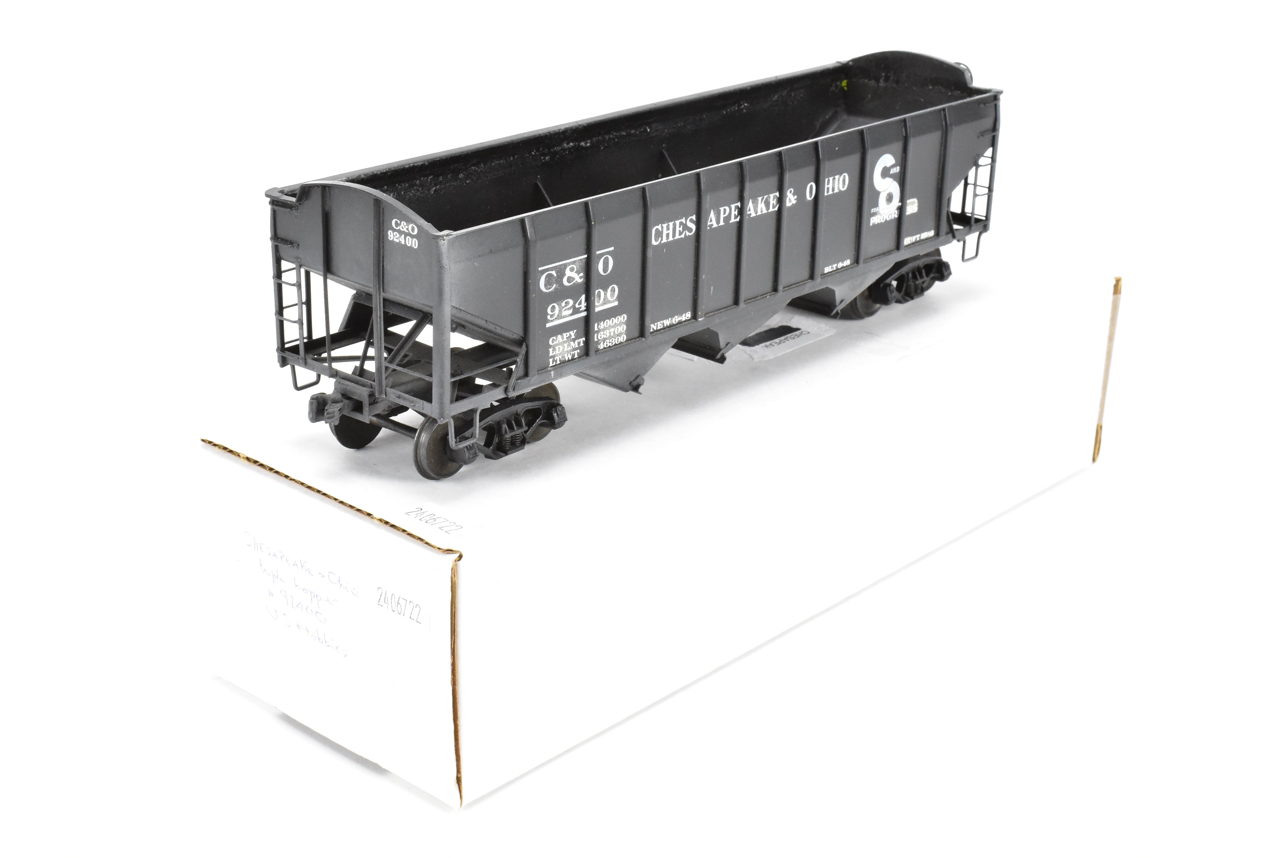 O Scale Model Train - Brass U.S. Hobbies Chesapeake & Ohio (C&O) ACF Welded Triple Hopper, Custom Painted with No. 92400, Without Original Box