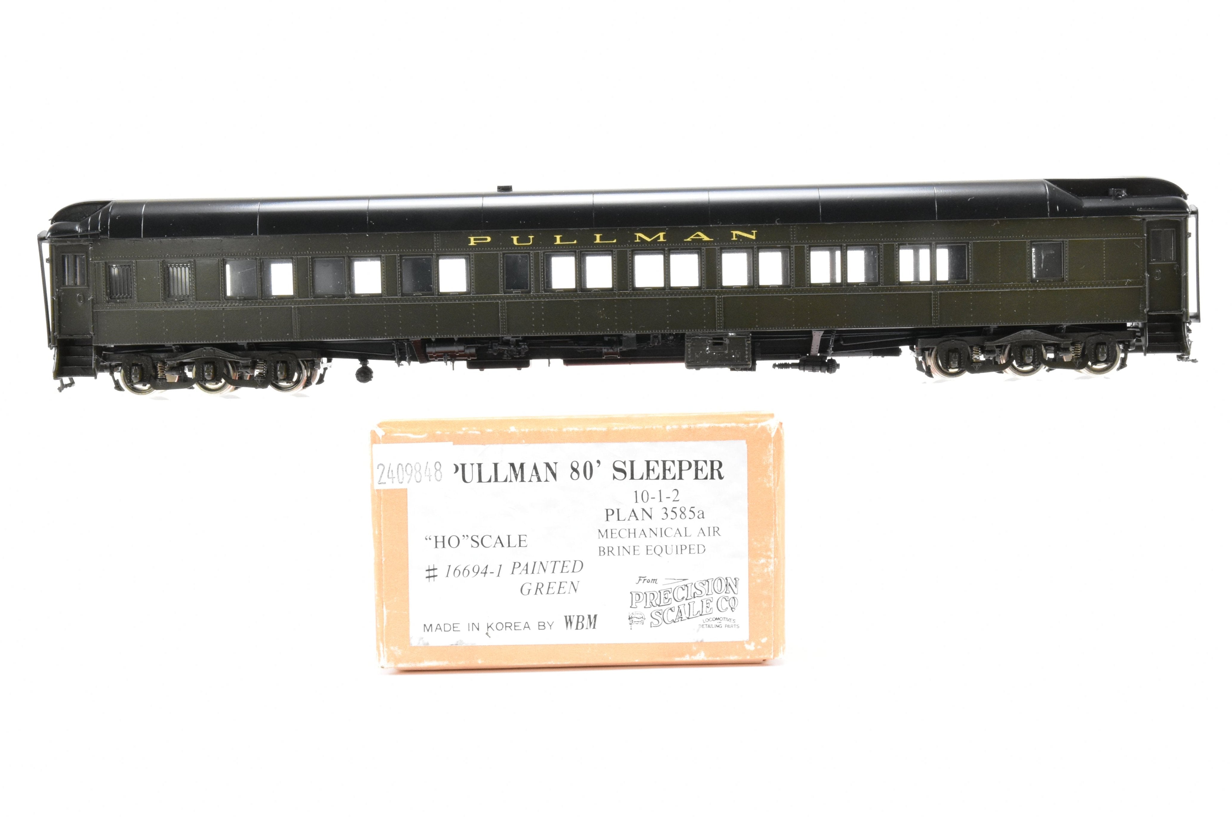HO Scale Brass Precision Scale Co. Pullman 80-Foot Sleeper Model with 10-1-2 Plan 3585a, Featuring Mechanical Air Brine Equipment and Factory Lettering for Pullman