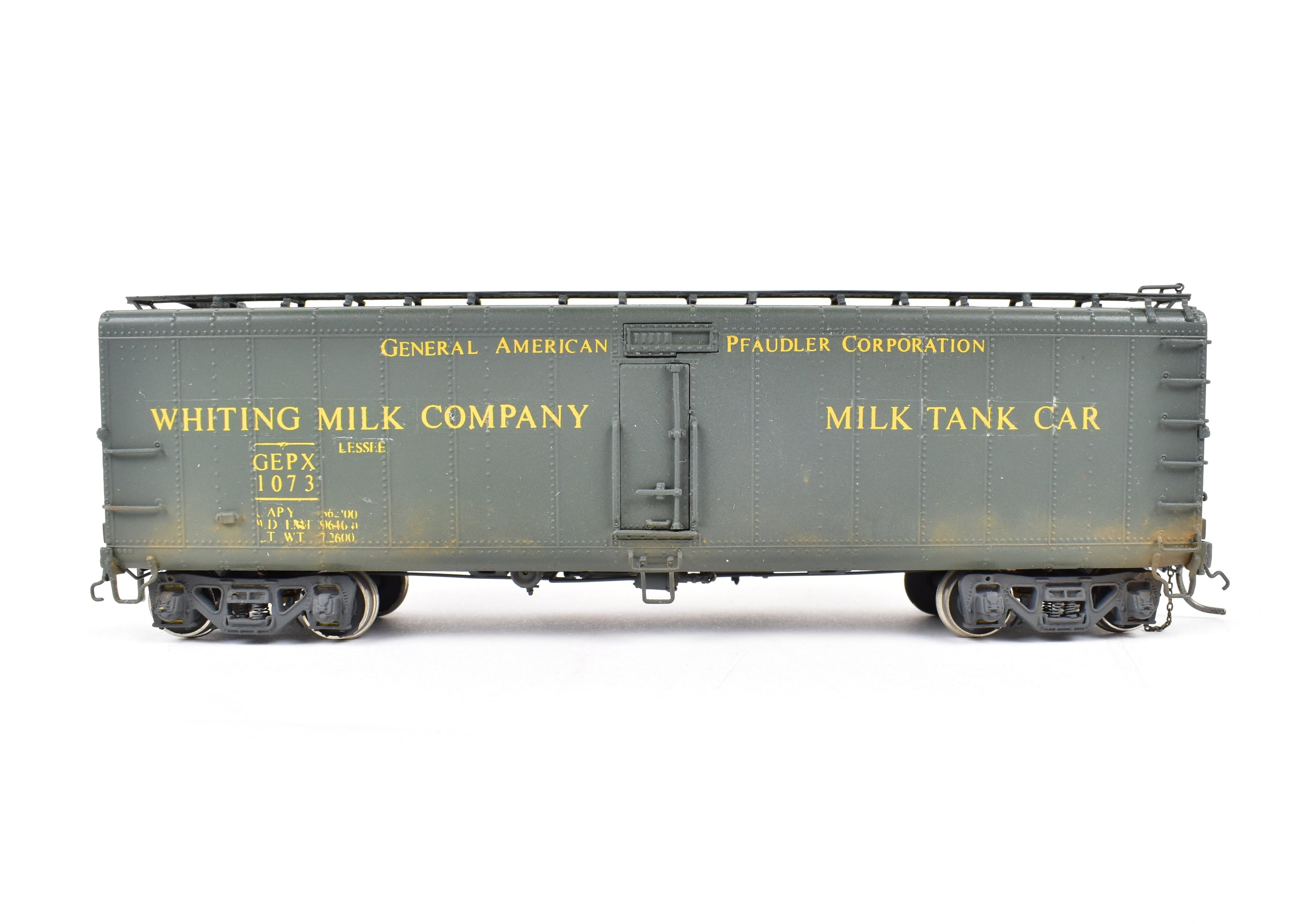 HO Scale Brass Milk Tank Car Model by Overland Models, Inc. (OMI) - Various Roads 40'6 GPEX 1073 Pfaudler, Lighted and Weathered for Realistic Display
