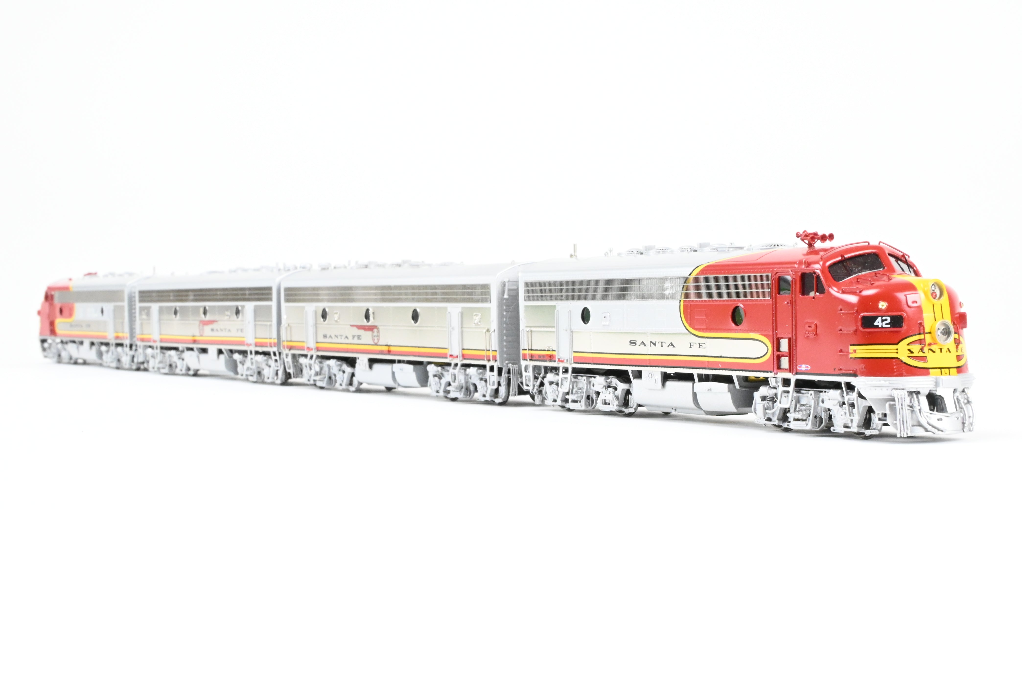 HO Scale Brass Model Train Set - Overland Models Inc. ATSF - Santa Fe EMD F7 A - B - B - A Set #1 (1950's Era FP) with Cars #42L, 42A, 42B, 42C