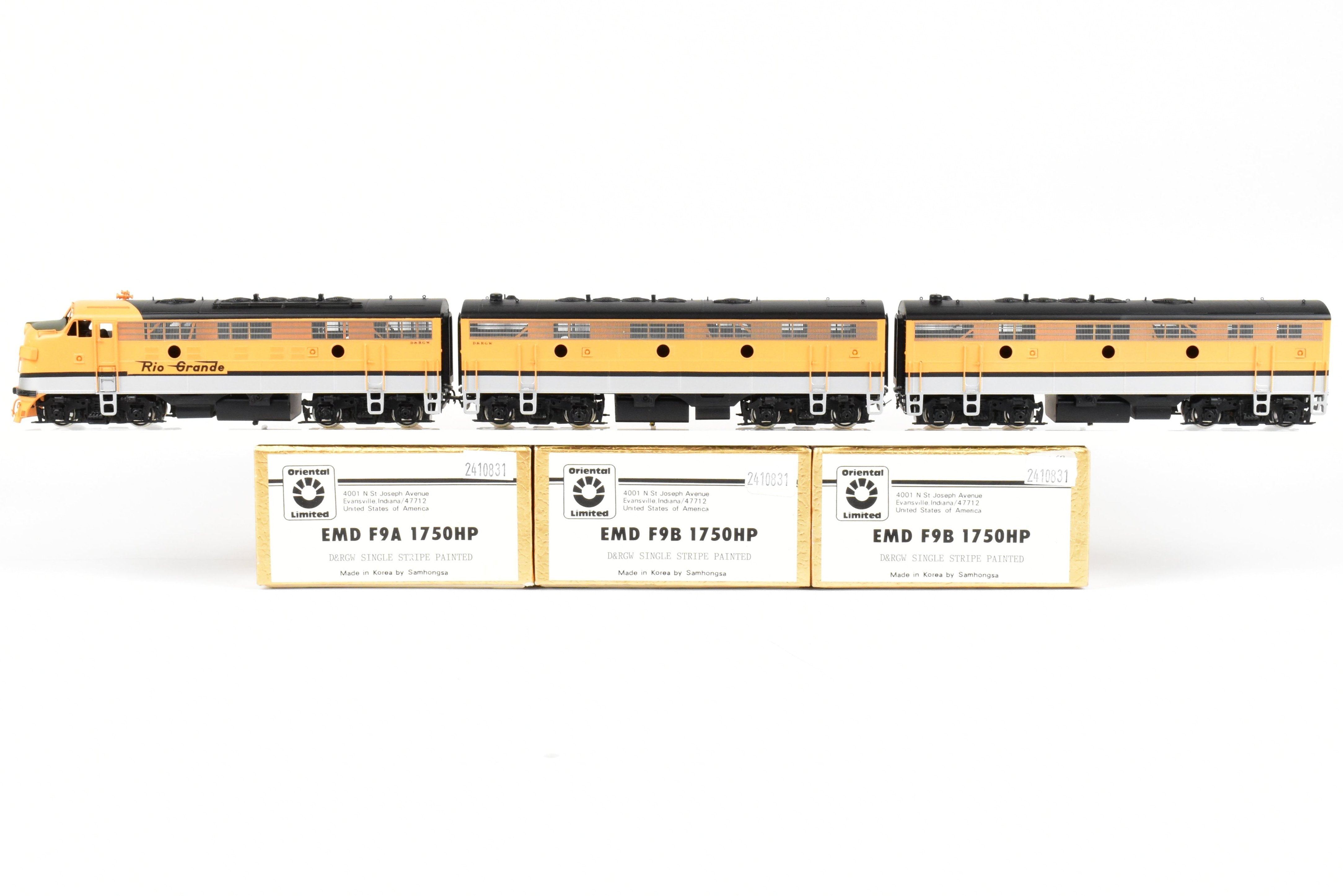 HO Scale Brass Oriental Limited D&RGW Rio Grande EMD F9 A/B/B Set, 1750 HP Factory Painted