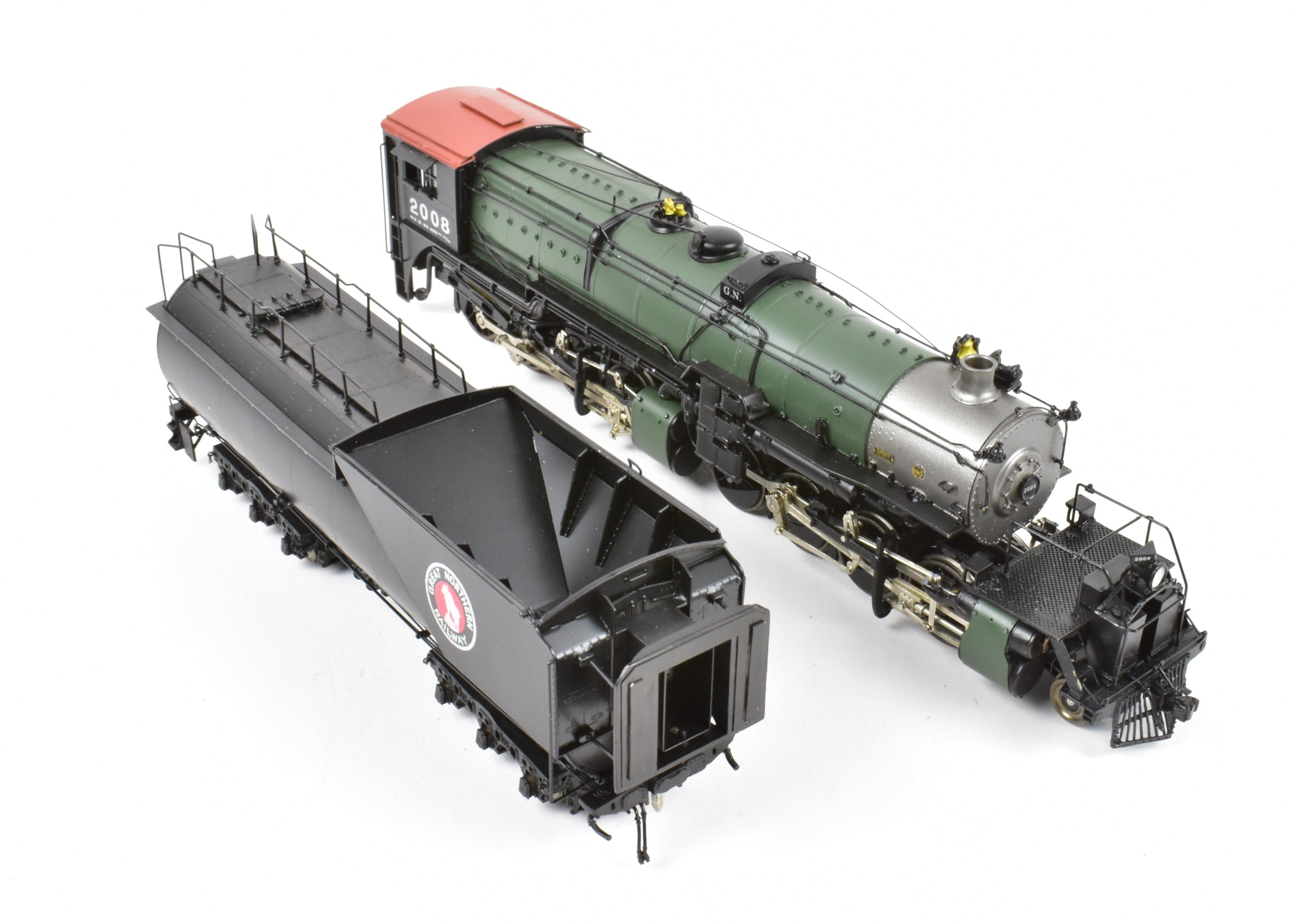 HO Scale Brass Model Train - Precision Scale Co. (PSC) Great Northern Class N - 2 2 - 8 - 8 - 0 Locomotive with Vestibule Cab in Glacier Park Painting Scheme