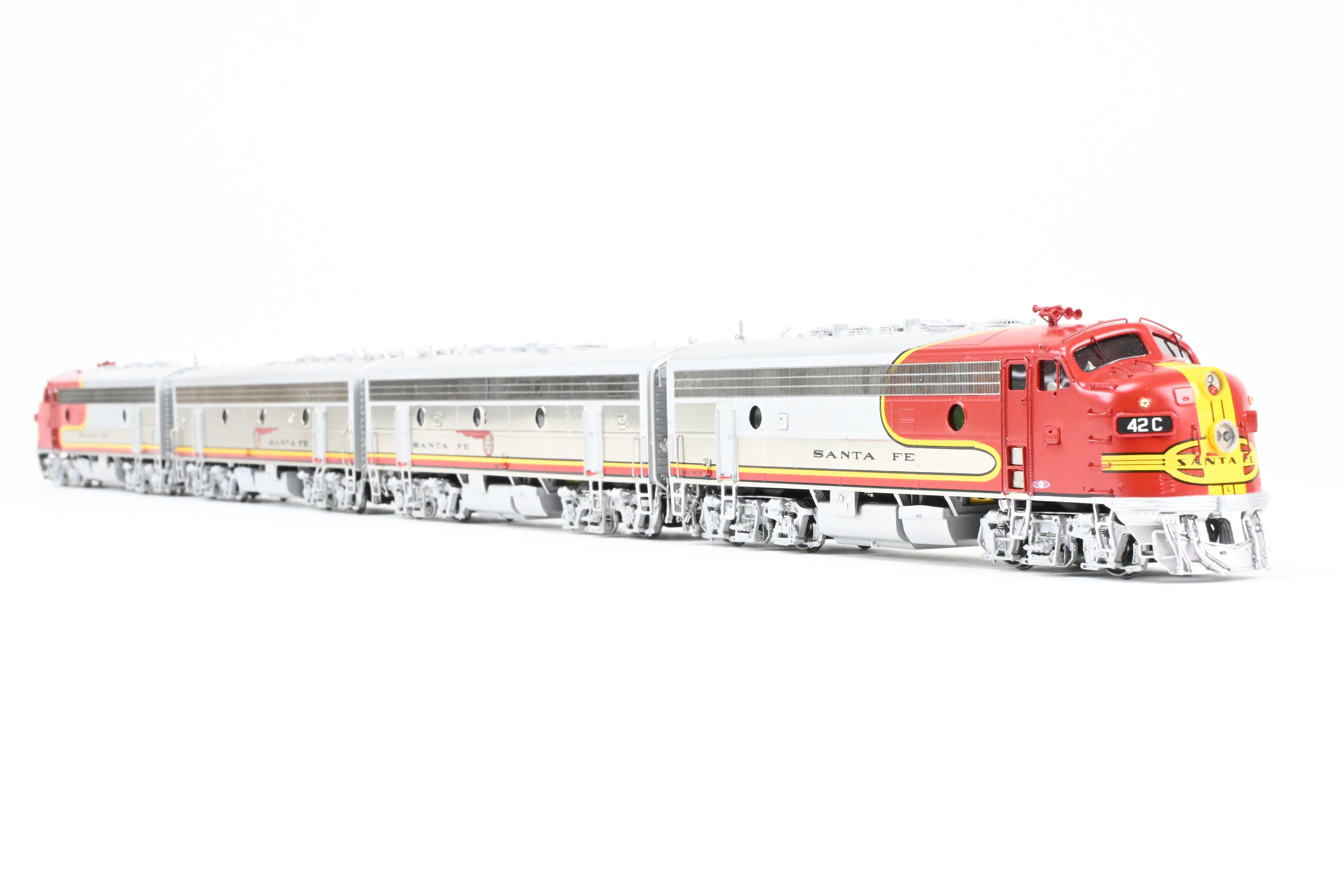 HO Scale Brass Model Train Set - Overland Models Inc. ATSF - Santa Fe EMD F7 A - B - B - A Set #1 (1950's Era FP) with Cars #42L, 42A, 42B, 42C