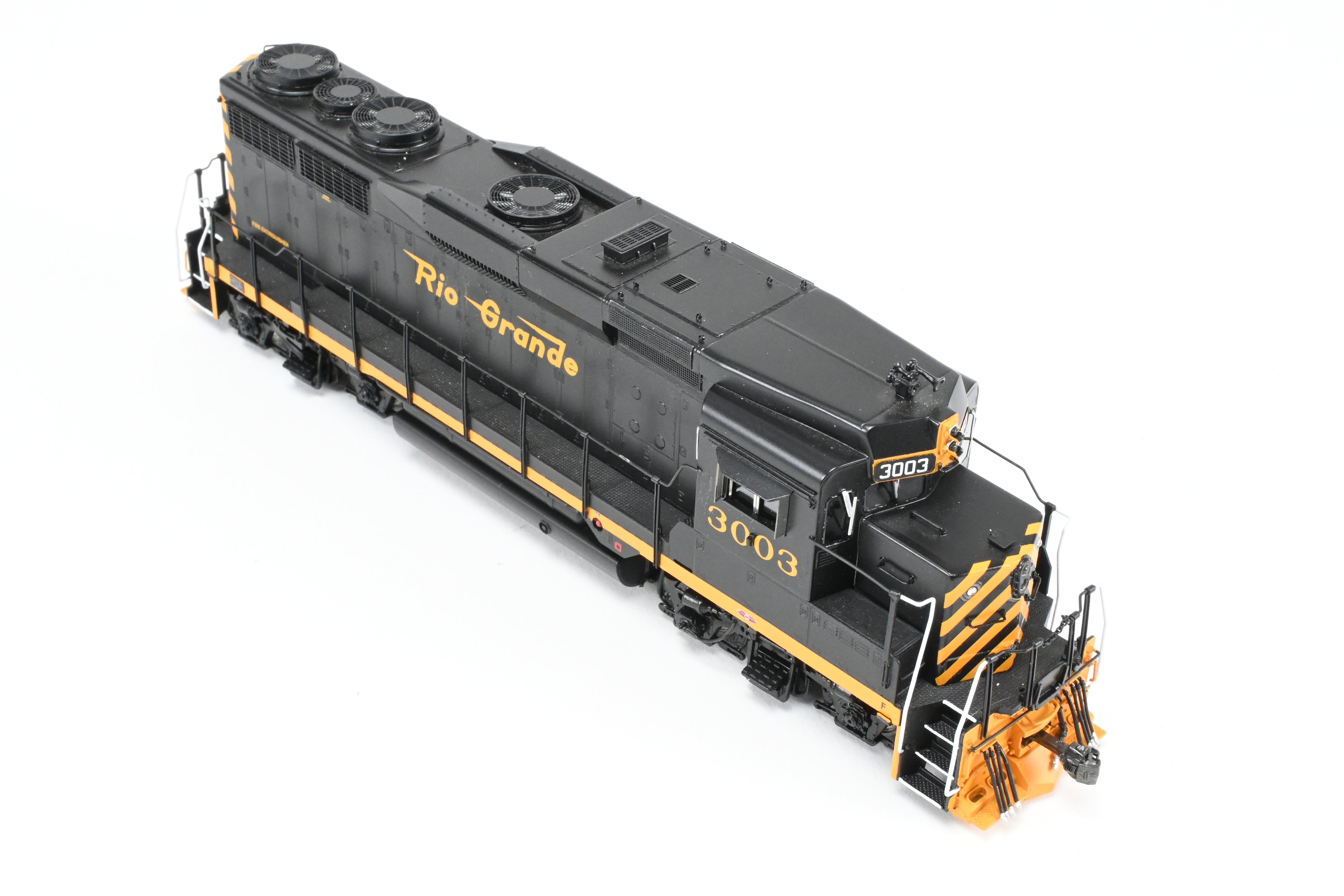 HO Scale Brass Diesel Locomotive Model - Overland Models, Inc. Denver And Rio Grande Western EMD GP30 FP in Black/Orange Color, Numbered #3003, Equipped with DCC & Sound