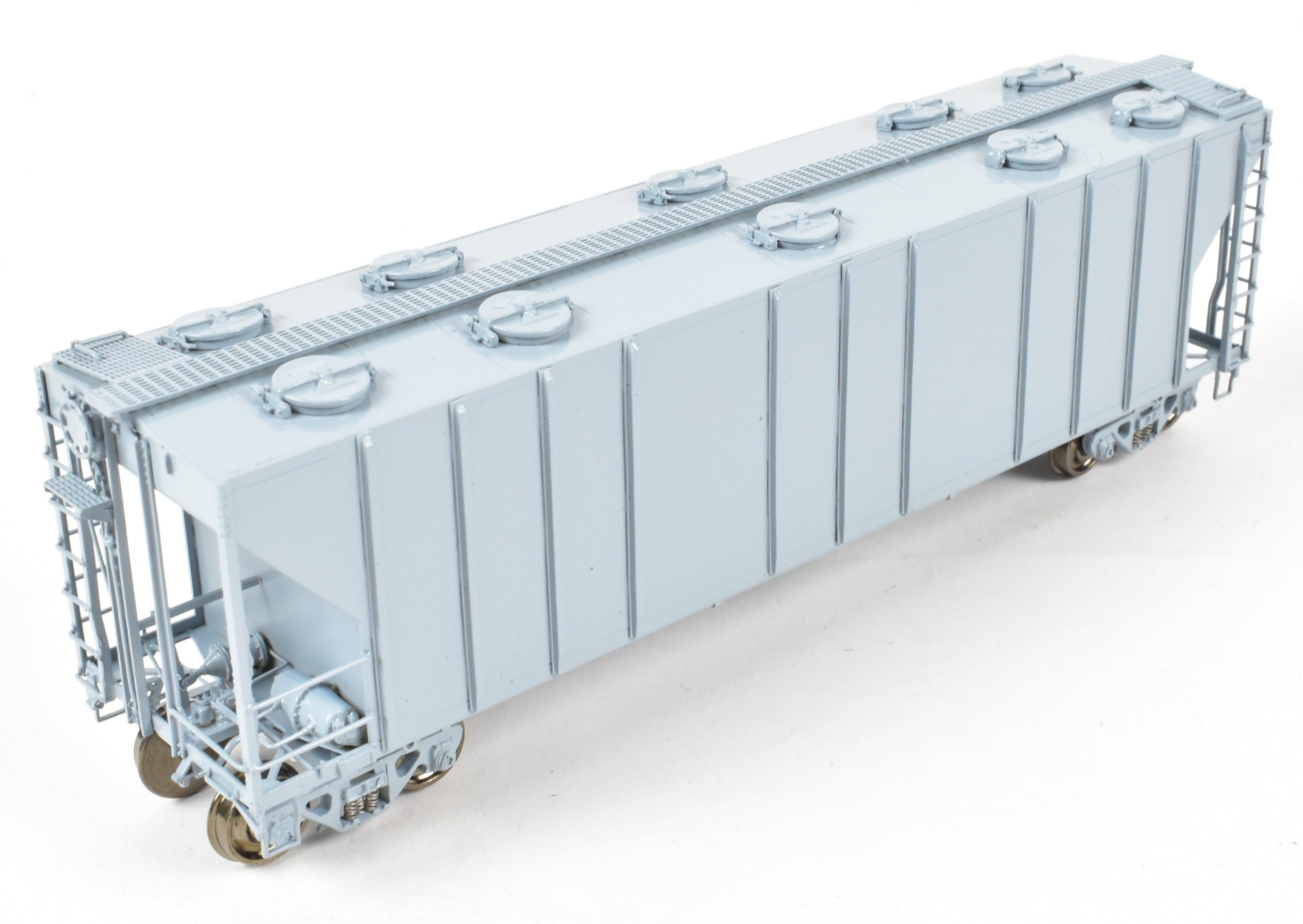HO Scale Brass PS - 2 Central Discharge Covered Hopper Car Model by Overland Models, Inc. (OMI) in Various Roads, Factory - Painted Scalecoat #20 Grey and Unlettered