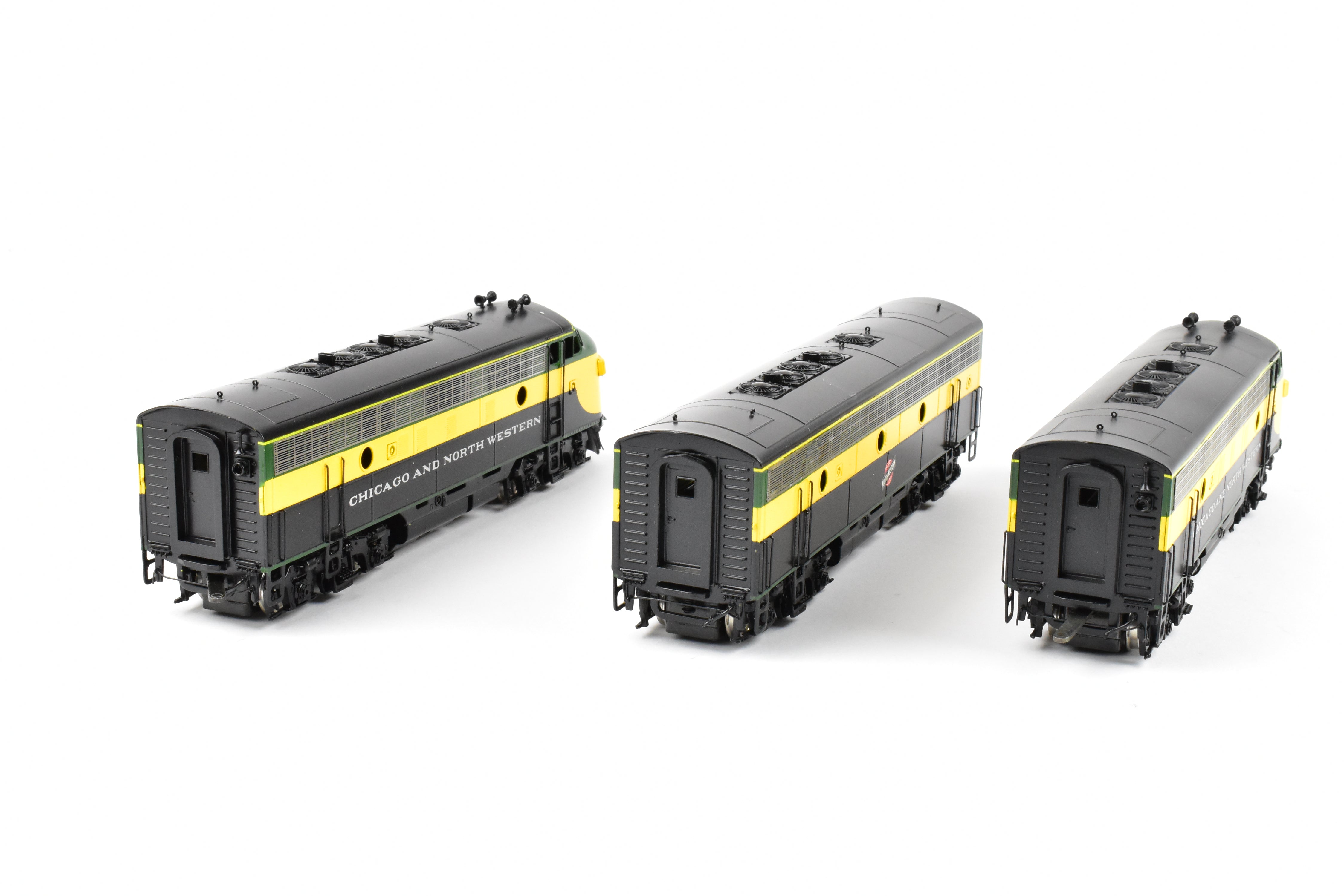 High - Quality HO Scale Brass Model Train Set - Chicago and Northwestern EMD F7A/F7B/F7A Phase I 1500 HP 3 - Unit Set in Freight Scheme by Oriental Limited