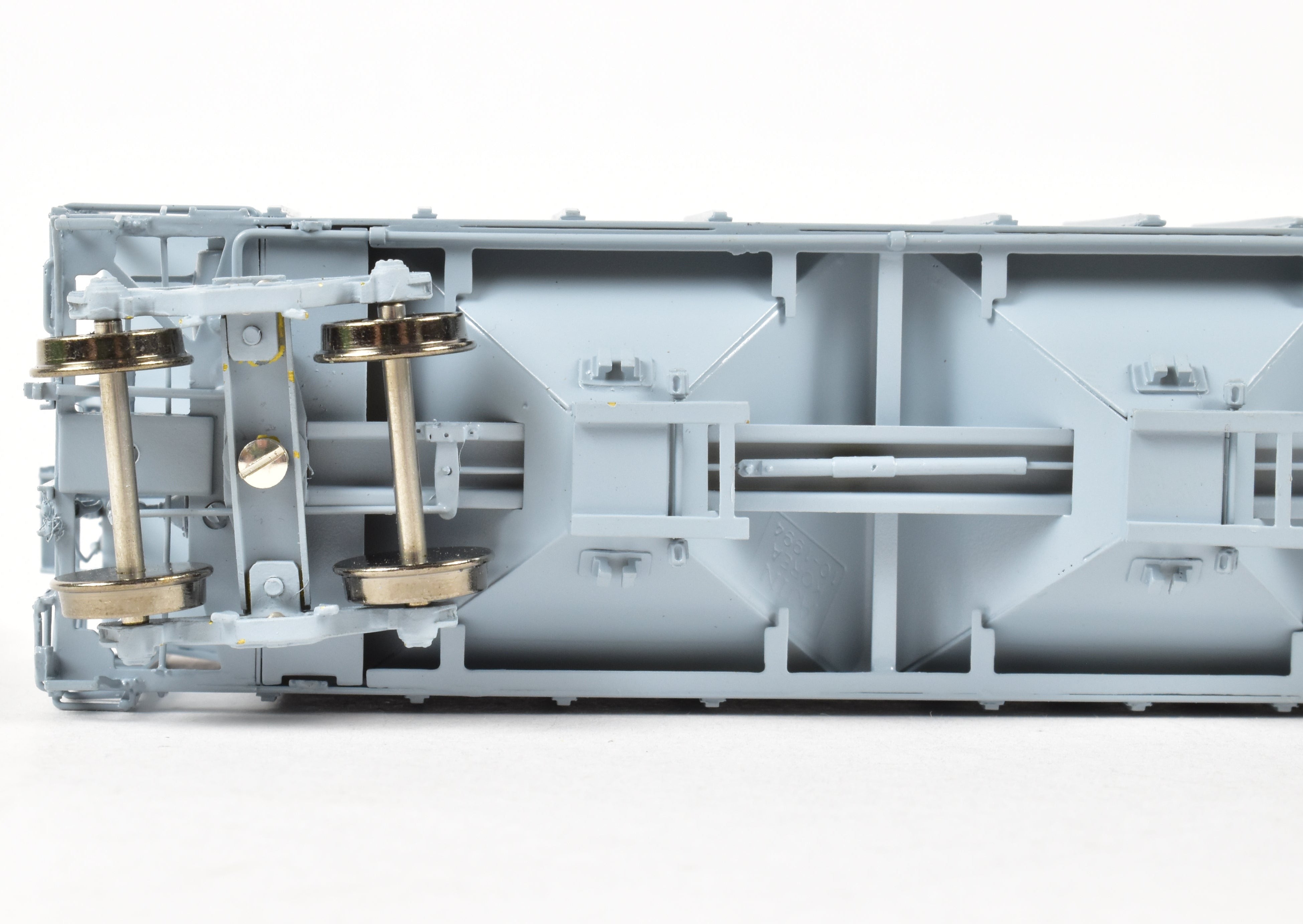 HO Scale Brass PS - 2 Central Discharge Covered Hopper Car Model by Overland Models, Inc. (OMI) in Various Roads, Factory - Painted Scalecoat #20 Grey and Unlettered