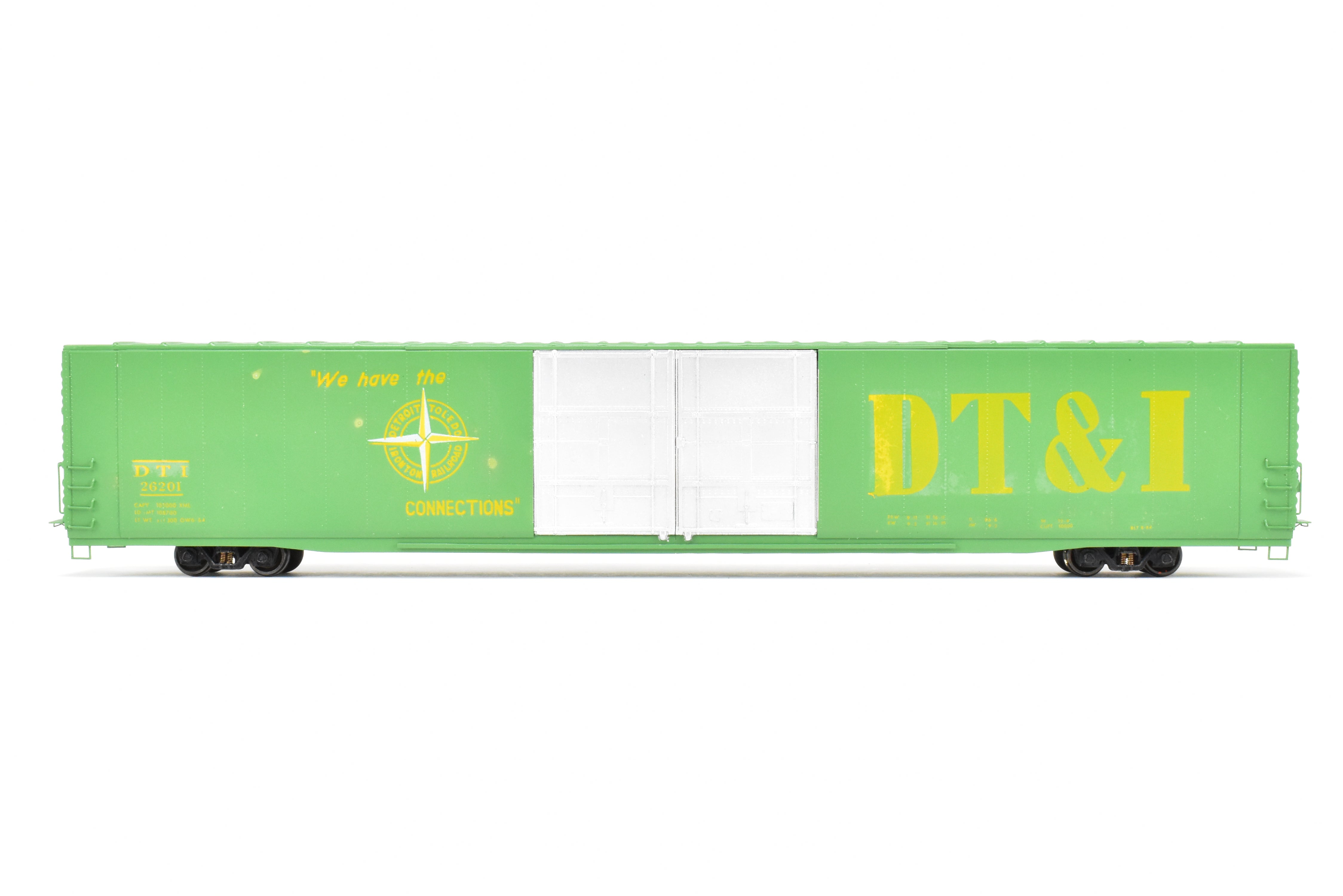 HO Scale Brass Model Trains - Detroit Toledo & Ironton (DT&I) 86 Foot High - Cube Boxcar, Custom - Painted in Lime Green, Model Number CP DT&I 26201
