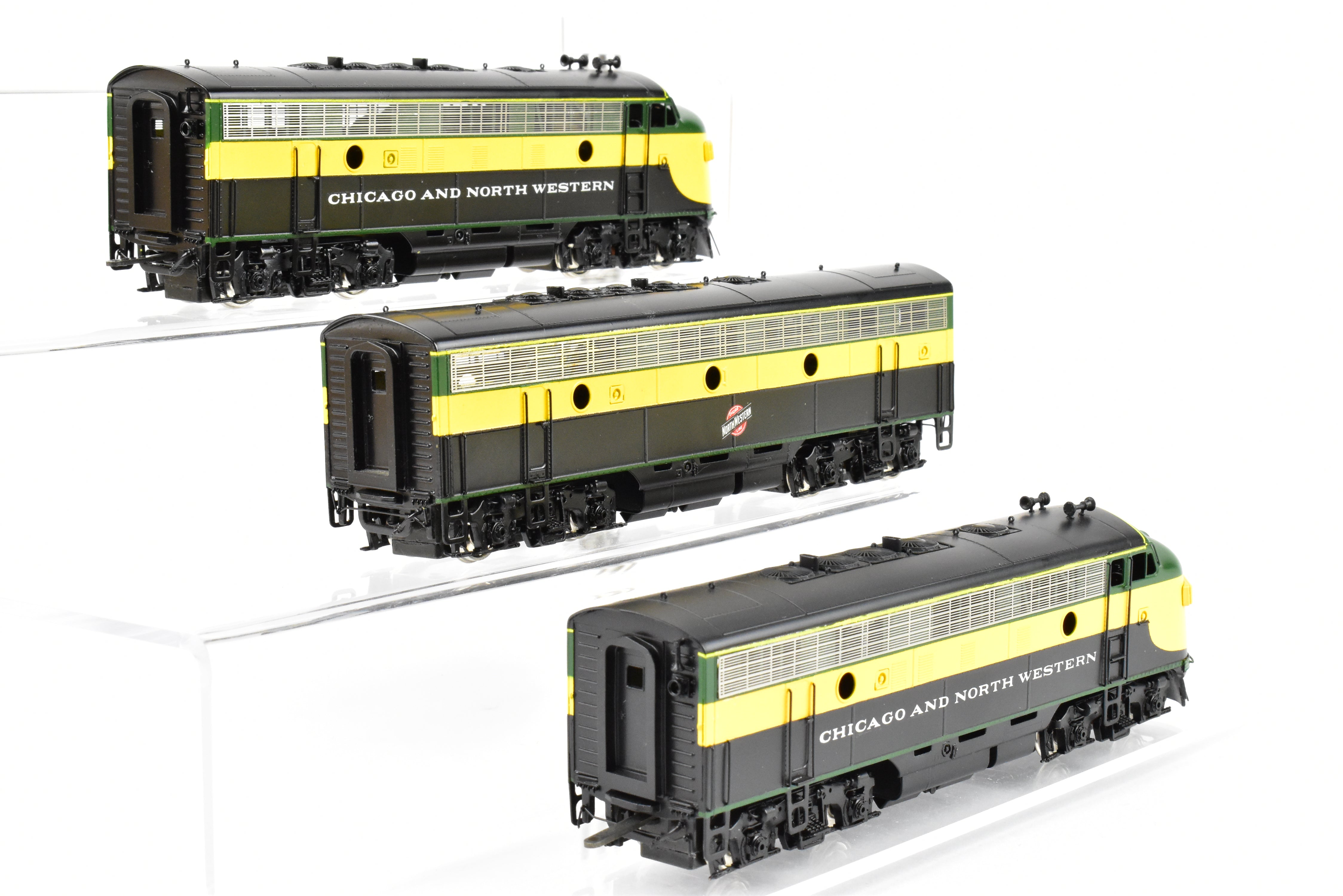 High - Quality HO Scale Brass Model Train Set - Chicago and Northwestern EMD F7A/F7B/F7A Phase I 1500 HP 3 - Unit Set in Freight Scheme by Oriental Limited