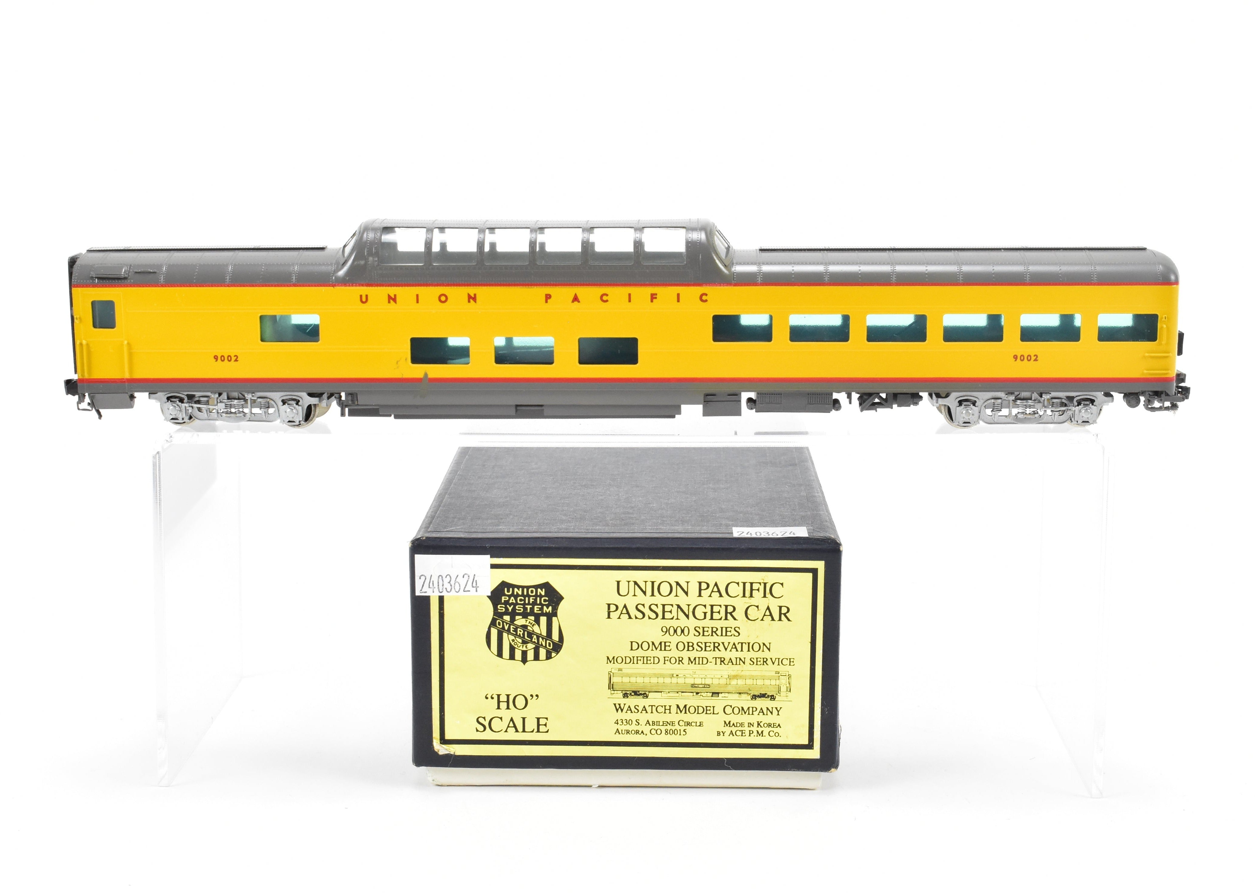 HO Scale Brass Model - Wasatch Model Co. Union Pacific ACF 1955 9000 Series Dome Lounge Observation Car Modified for Mid - Train Service, Car Number #9002