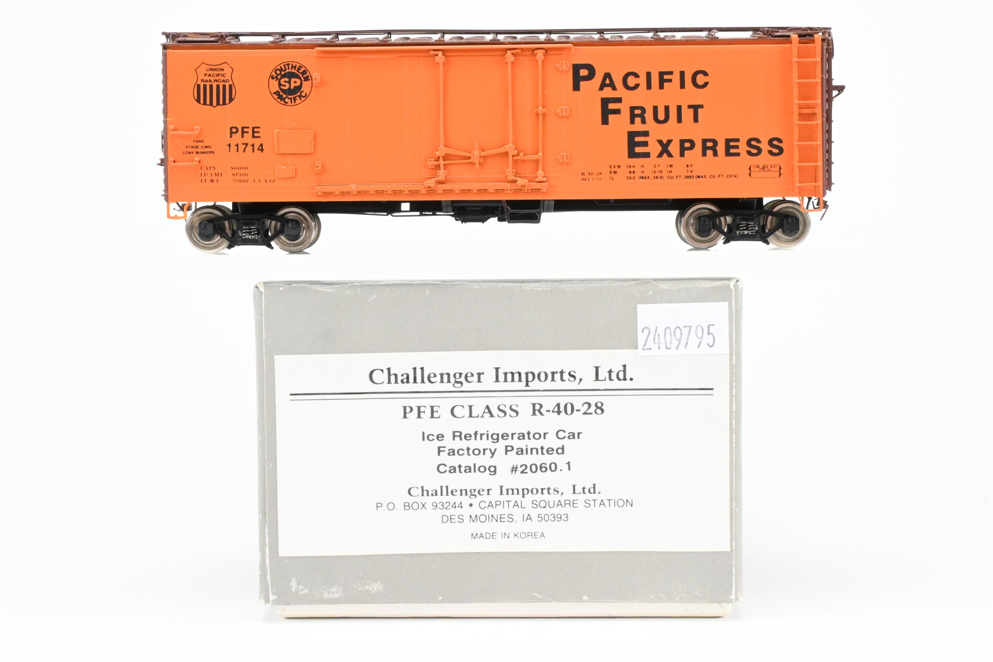 HO Scale Brass CIL Challenger Imports Pacific Fruit Express R - 40 - 28 Ice Refrigerator Car Model, Factory - Finished with Union Pacific and Southern Pacific Insignias, FP #11714