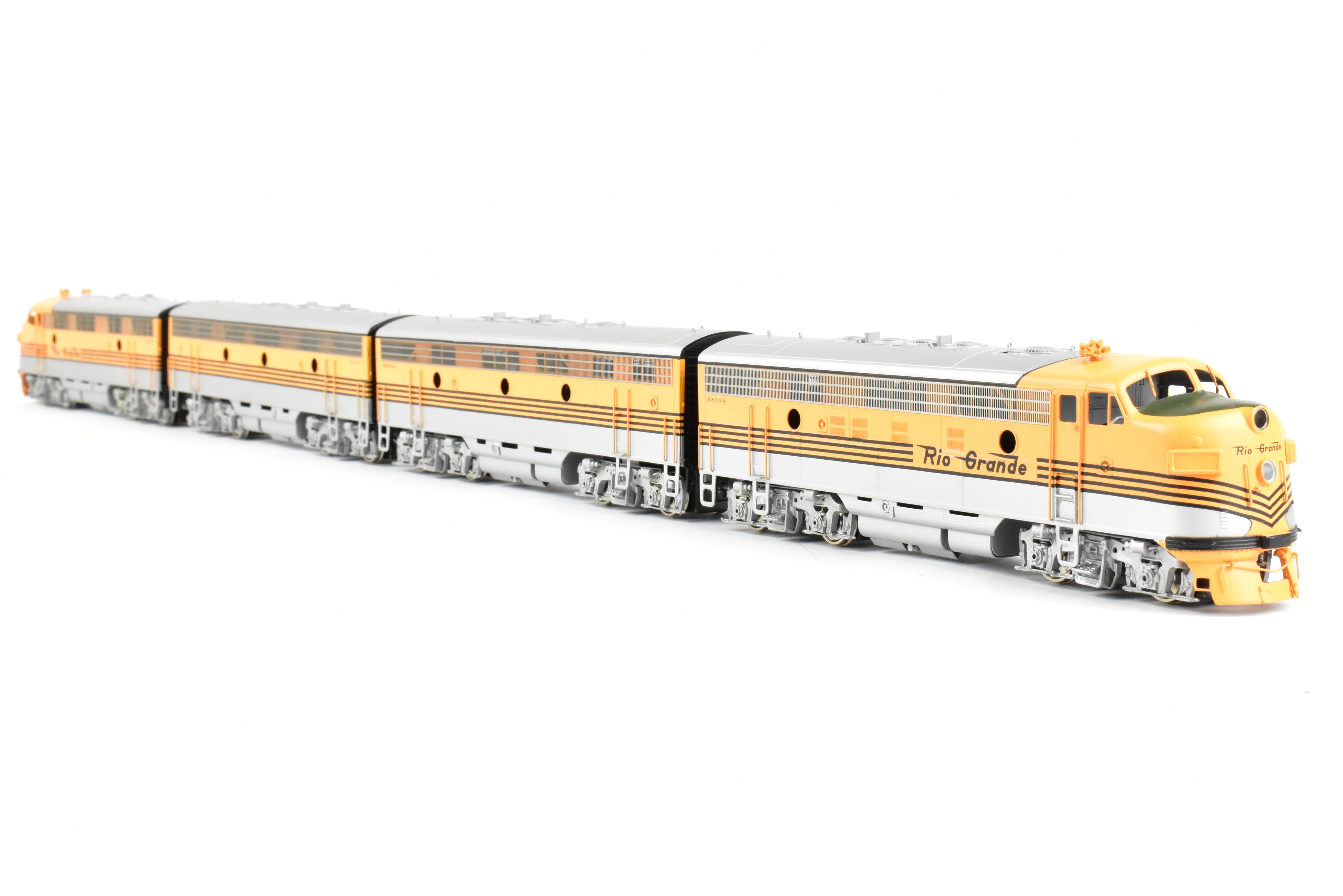 HO Brass Oriental Limited D&RGW EMD F7 A/B/B/A Set, 1500 HP, 5-Stripe Paint