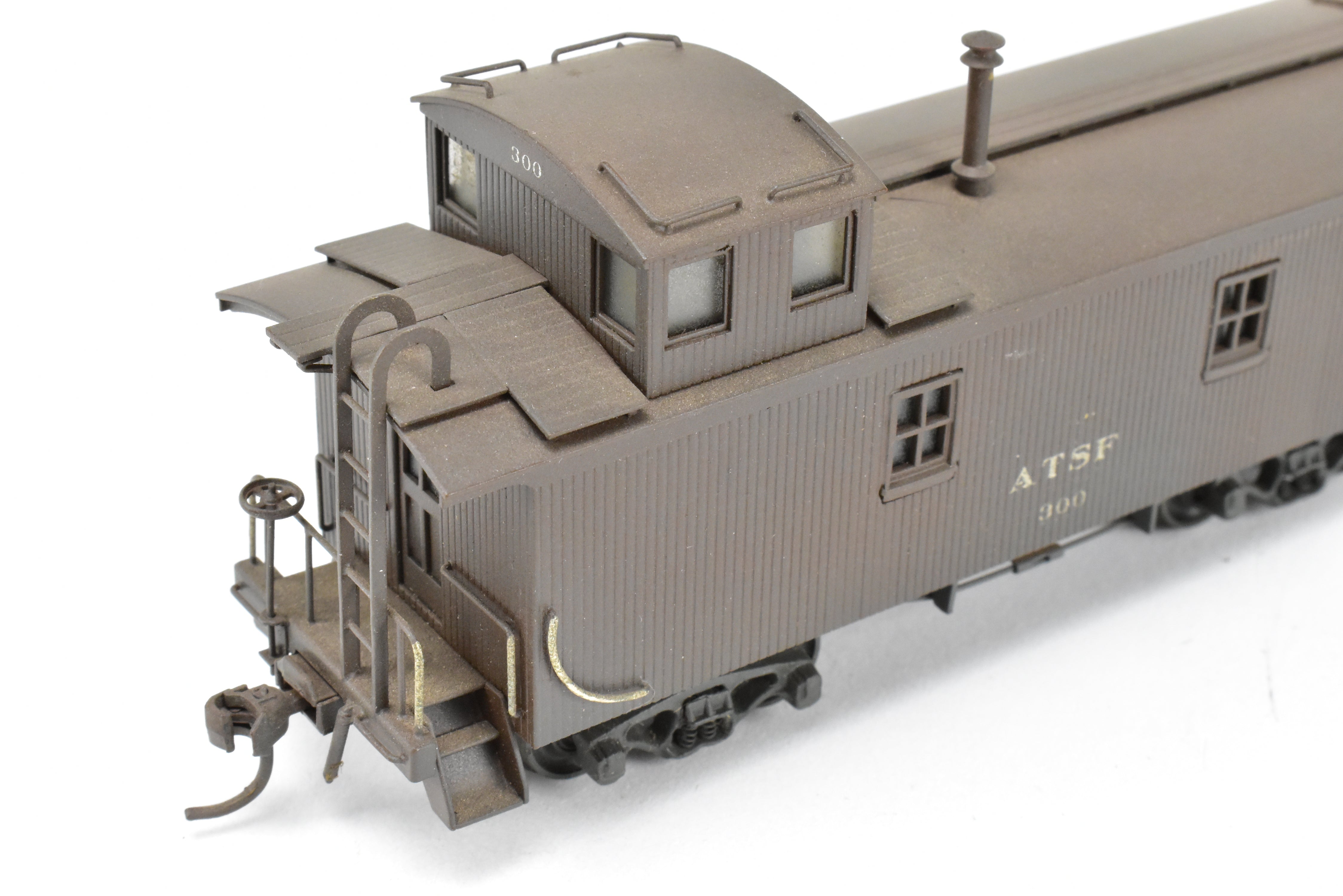 HO Scale Brass Model Trains by Trains, Inc. - ATSF Santa Fe Wood Caboose Custom Painted and Weathered, Number 300