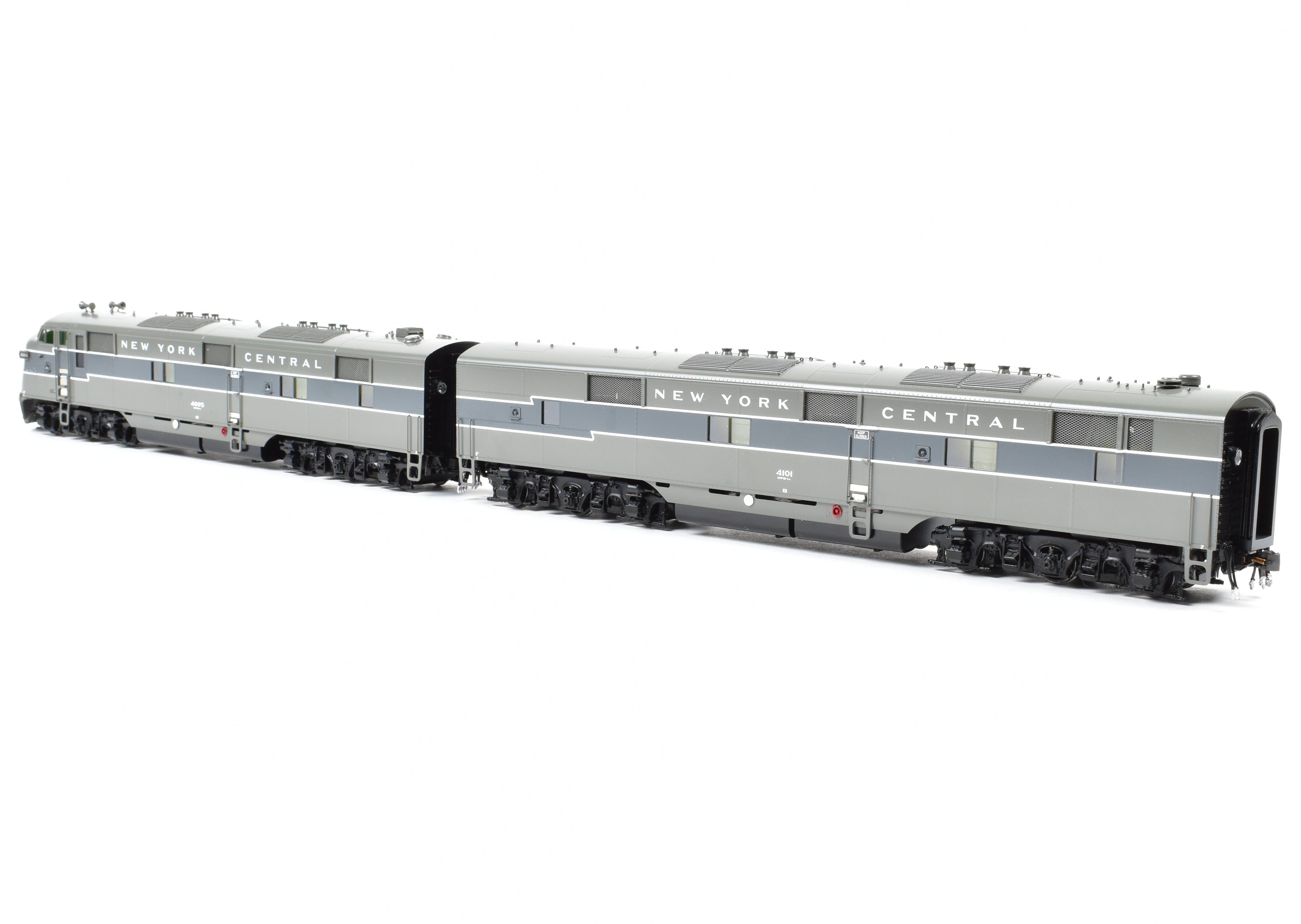 HO Scale Brass Model Train Set - New York Central EMD E7A/E7B Set FP Nos. 4005/4101 with Reverse Lightning Stripe by Challenger Imports NYC