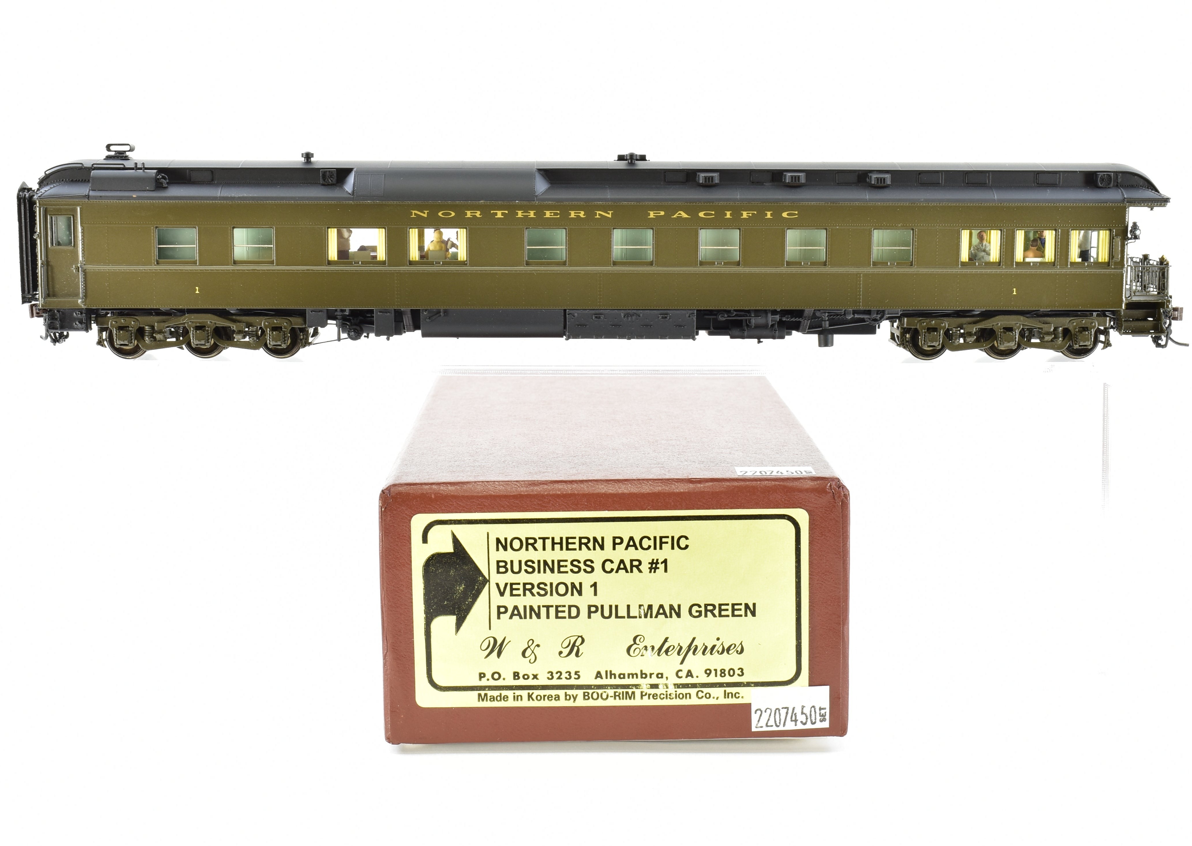 HO Scale Brass Model Northern Pacific Business Car #1 Version 1, Factory-Painted in Pullman Green by W&R Enterprises