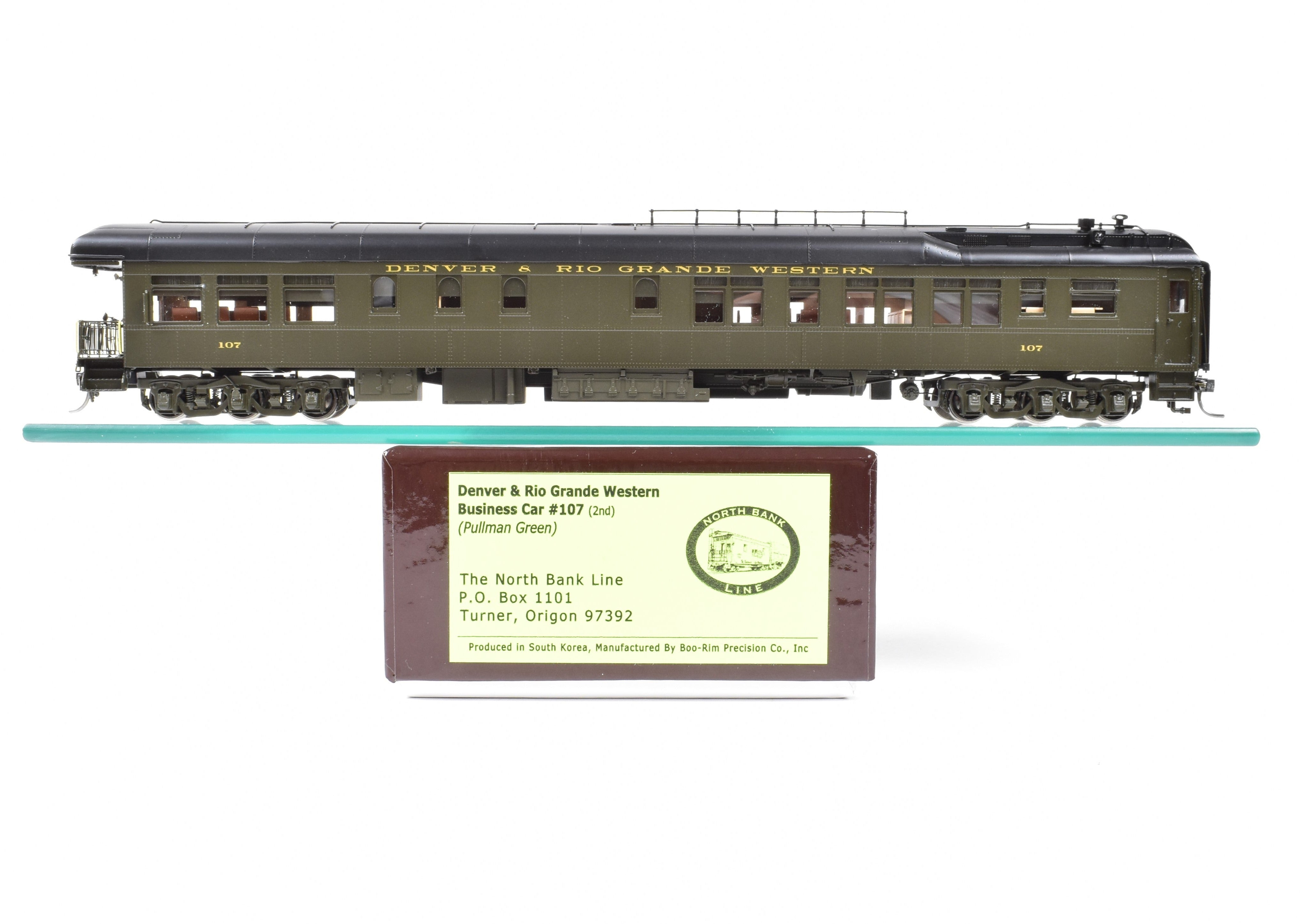 HO NEW Brass North Bank Line D&RGW 107 Business Car in Pullman Green (1951 - 1955)