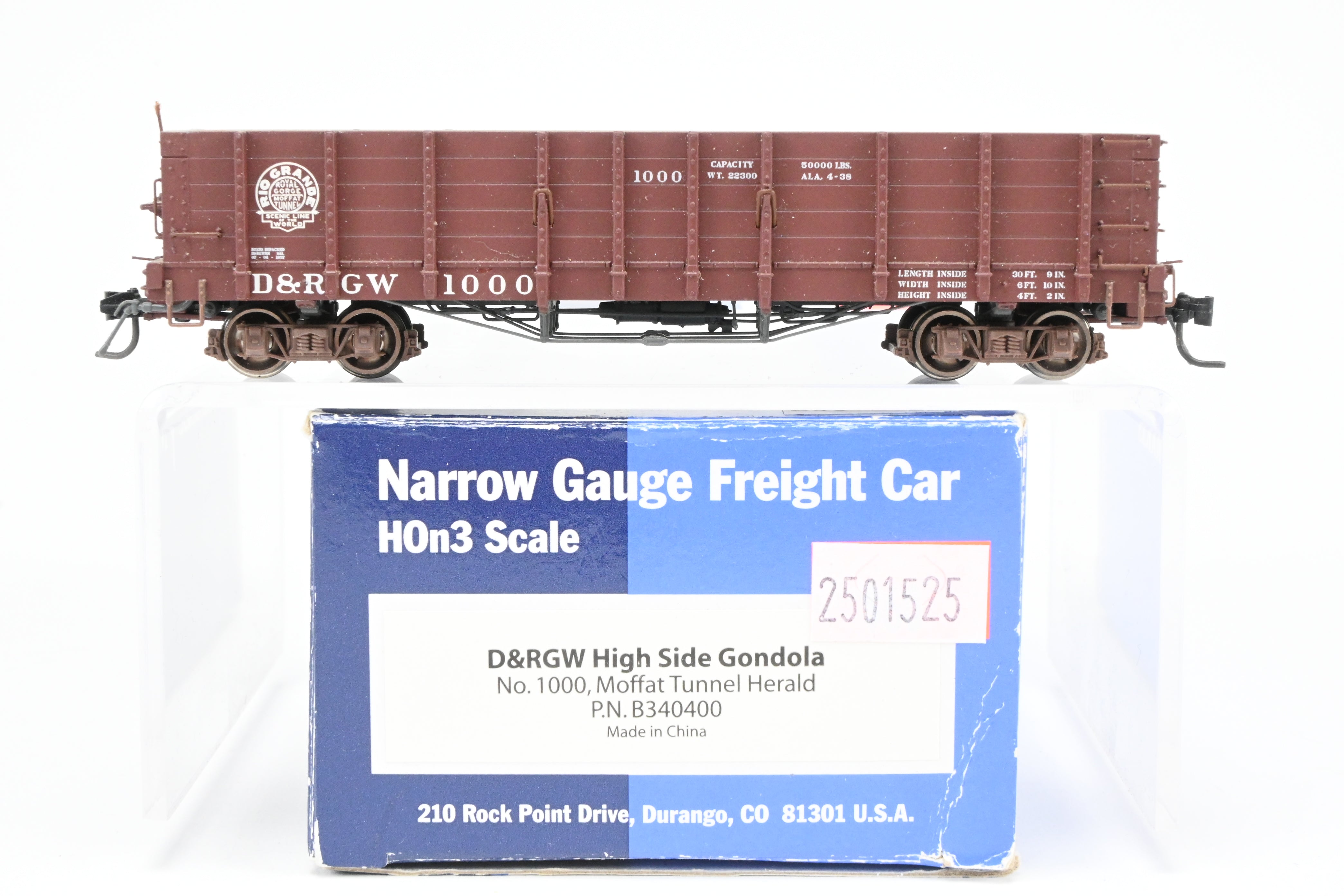 HOn3 Scale Blackstone Models D&RGW - Denver & Rio Grande Western High Side Gondola Model with Moffat Tunnel Herald No. 1000 and Missing Brake Wheel for Model Train Enthusiasts