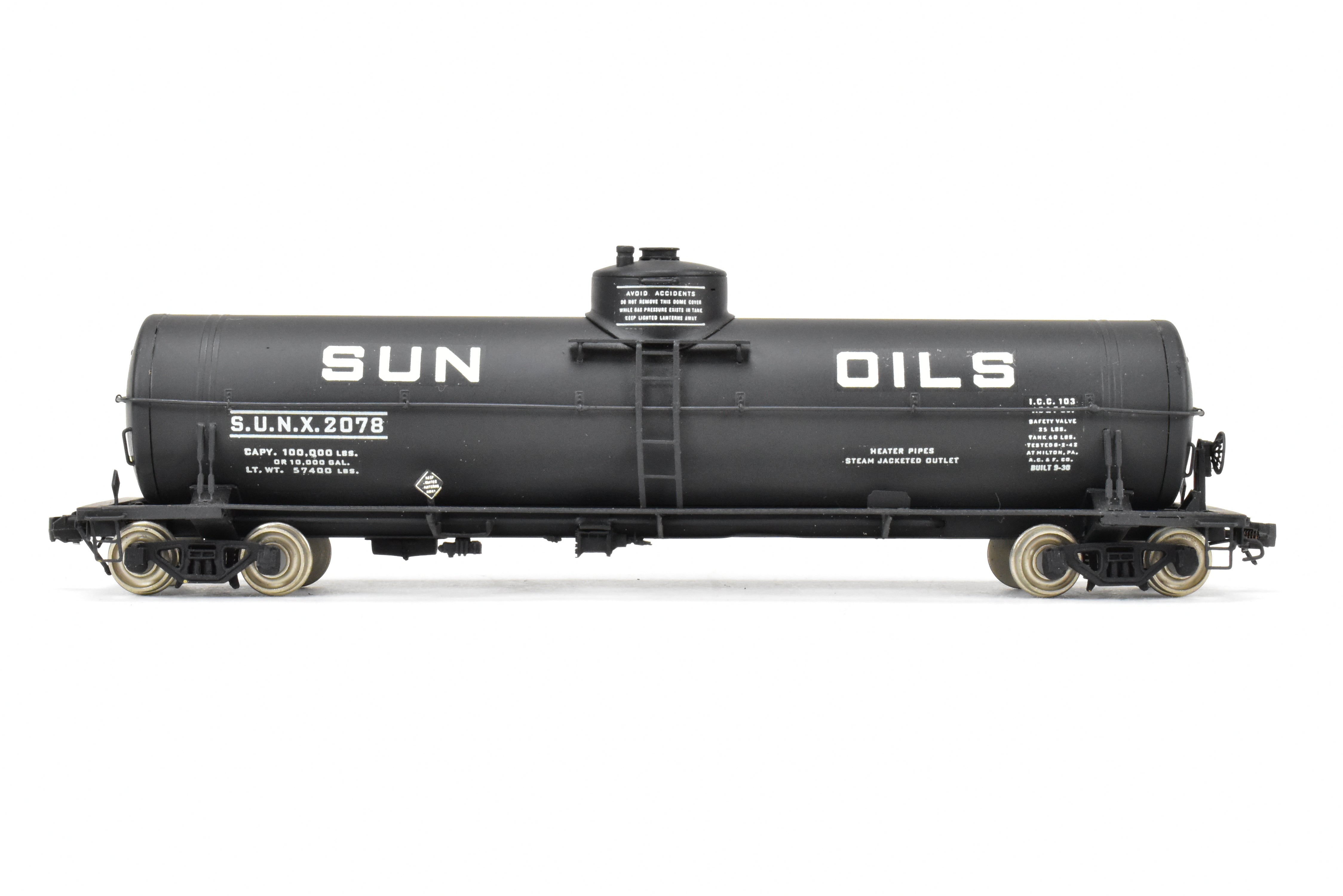 HO Scale Brass Precision Scale Co. (PSC) 16,000 Gallon Tank Car with Various Roads and Sun Oils Decals for Model Trains