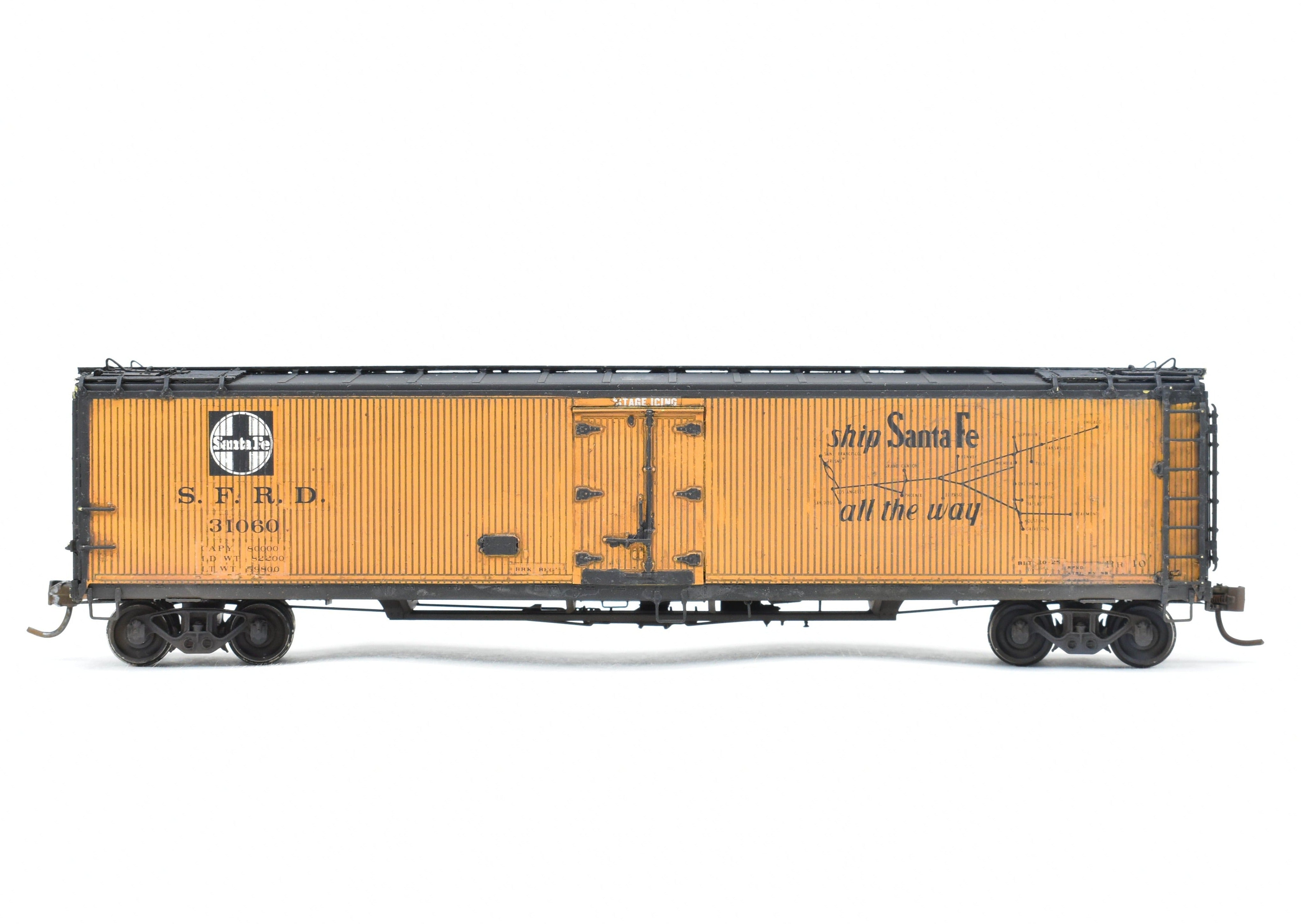 HO Scale Brass Model Train - Overland Models, Inc. ATSF - Santa Fe SFRD Rr - 10 Class 50 - Foot Ice Bunker Wood Refrigerator Car with Custom Weathering and Paint, Numbered 31060