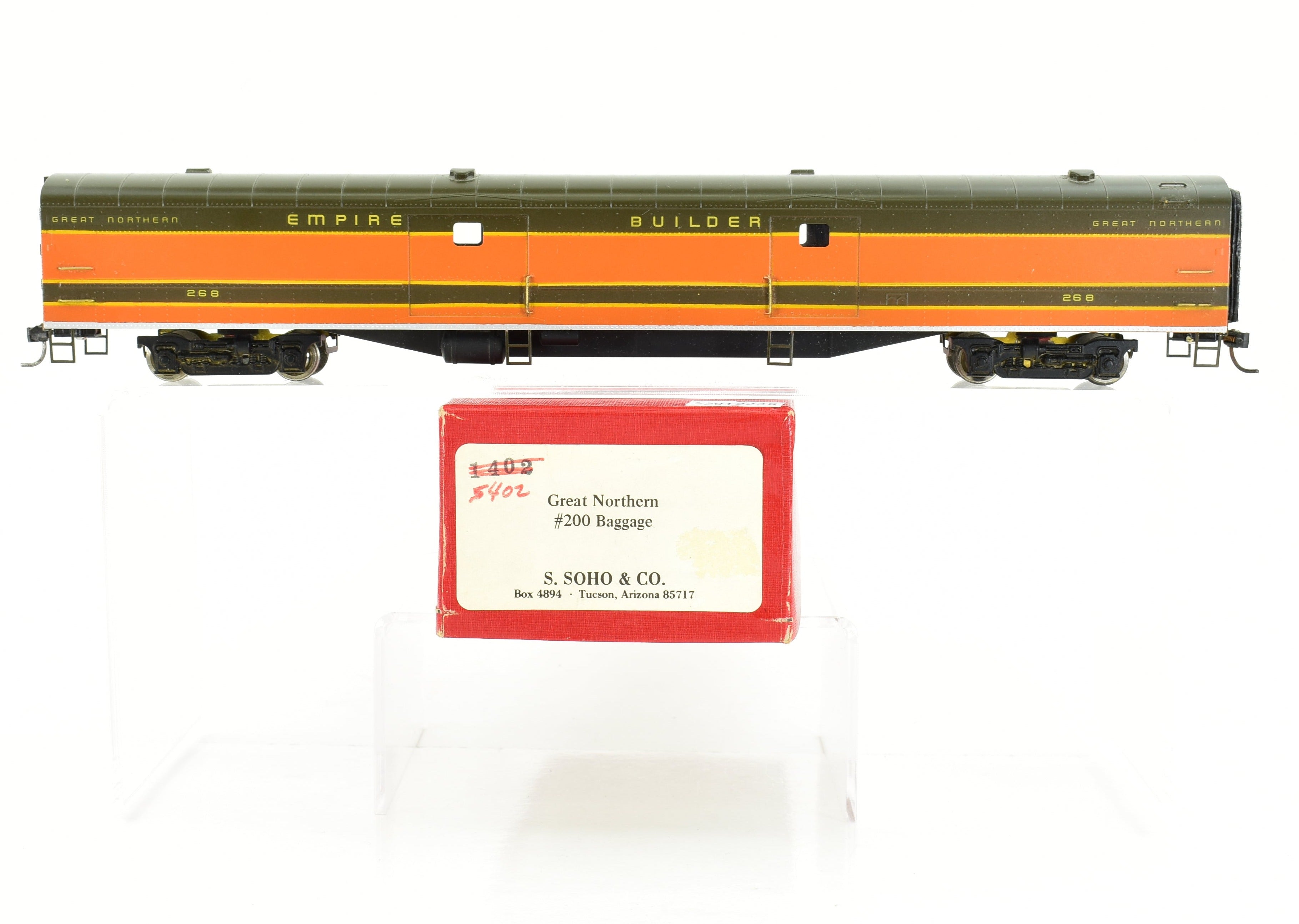 HO Scale Custom Painted Brass Baggage Car Model by S. Soho & Co., Great Northern #200, Empire Builder No. 268