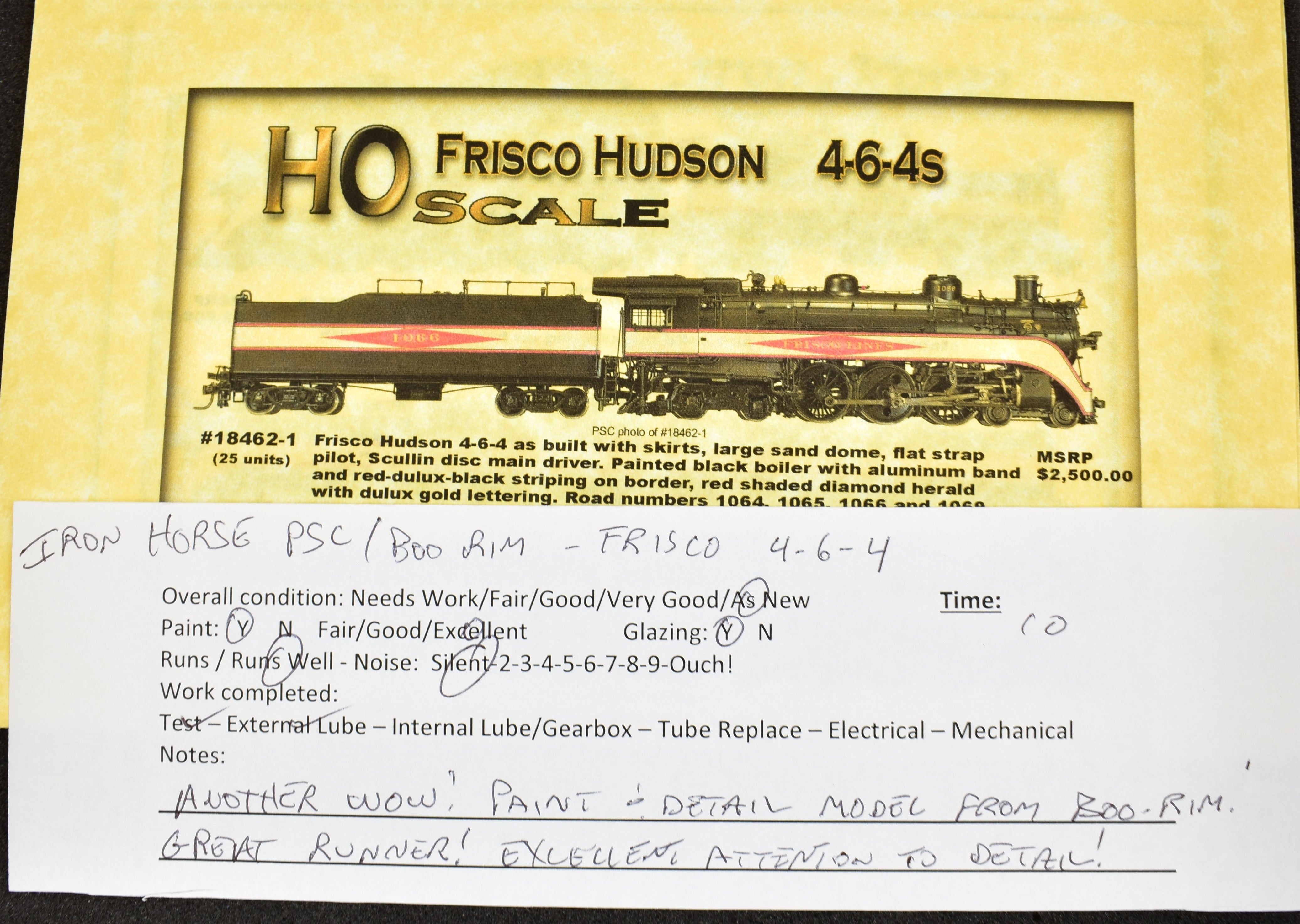 HO Scale Brass Precision Scale Co. Frisco 4-6-4 Hudson Locomotive Model Factory Painted with Precision Detail, Serial #1066