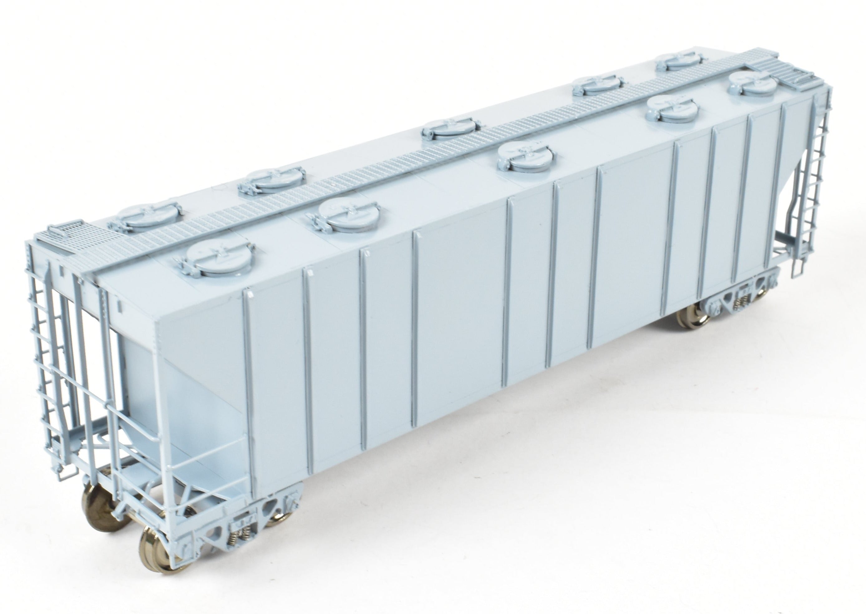 HO Scale Brass PS - 2 Central Discharge Covered Hopper Car Model by Overland Models, Inc. (OMI) in Various Roads, Factory - Painted Scalecoat #20 Grey and Unlettered