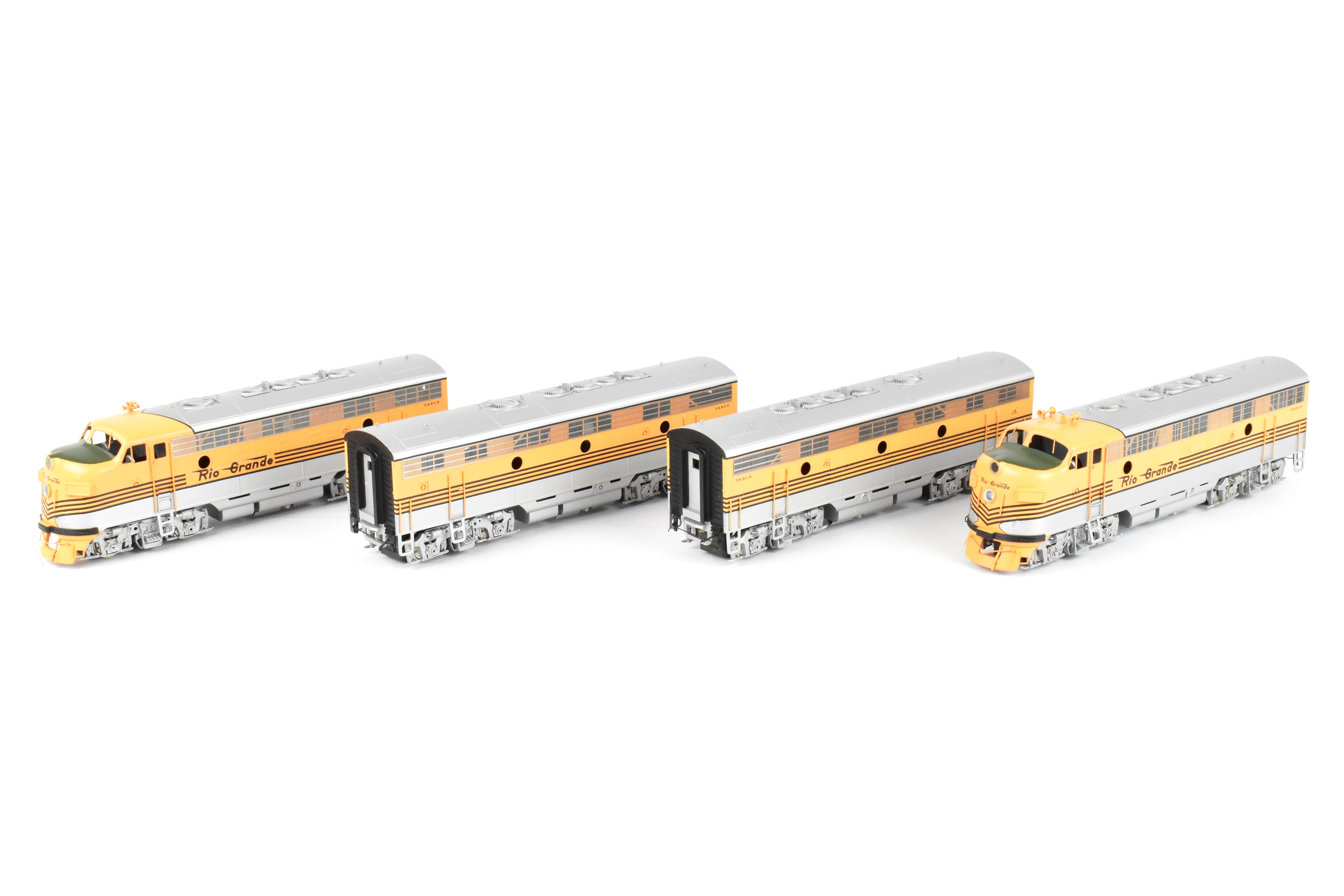 HO Brass Oriental Limited D&RGW EMD F7 A/B/B/A Set, 1500 HP, 5-Stripe Paint