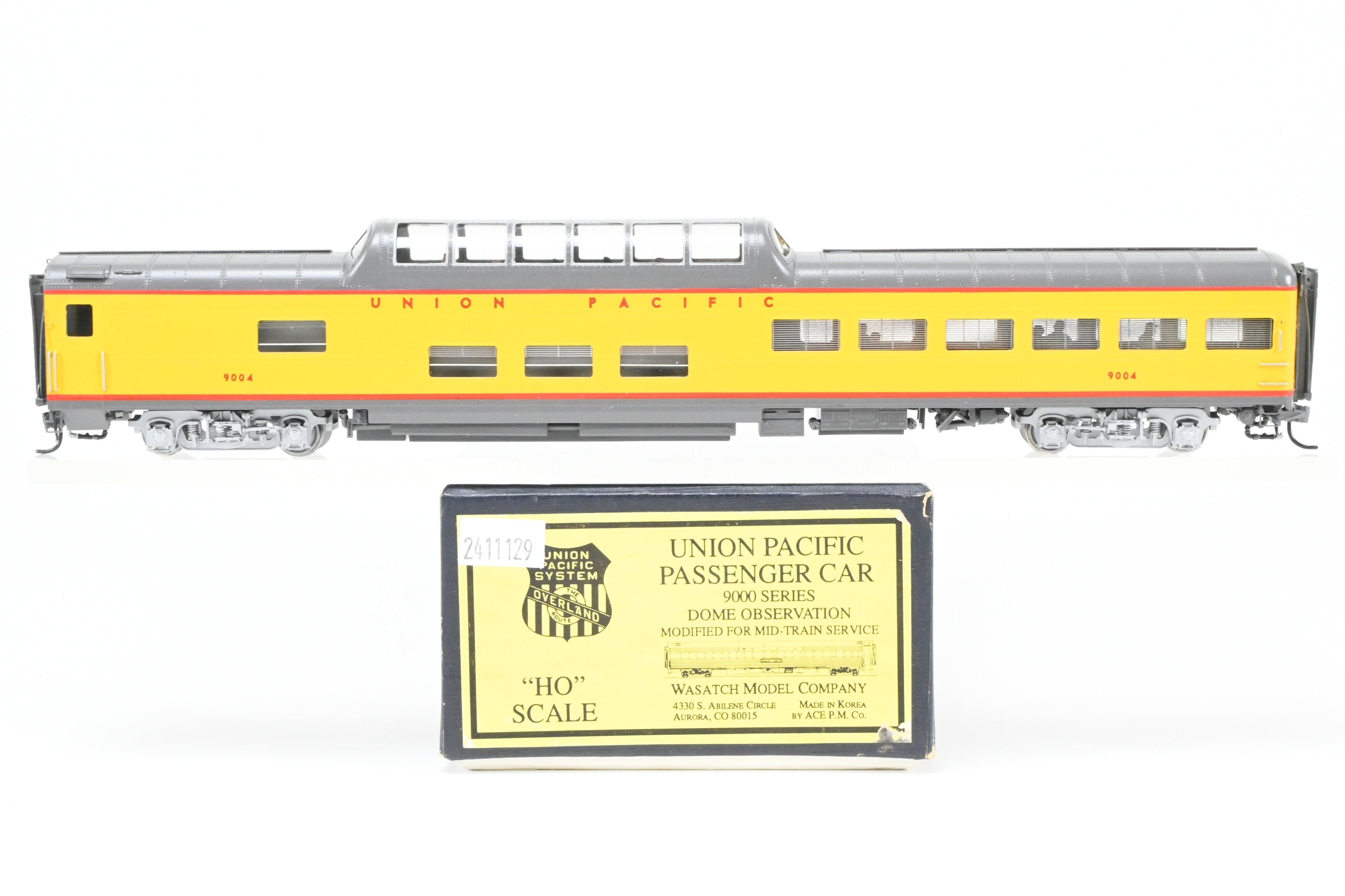 HO Scale Brass Model by Wasatch Model Co. - Union Pacific ACF 1955 9000 Series Dome Lounge Observation Car Modified for Mid - Train Service, Specifically Model C/P #9004