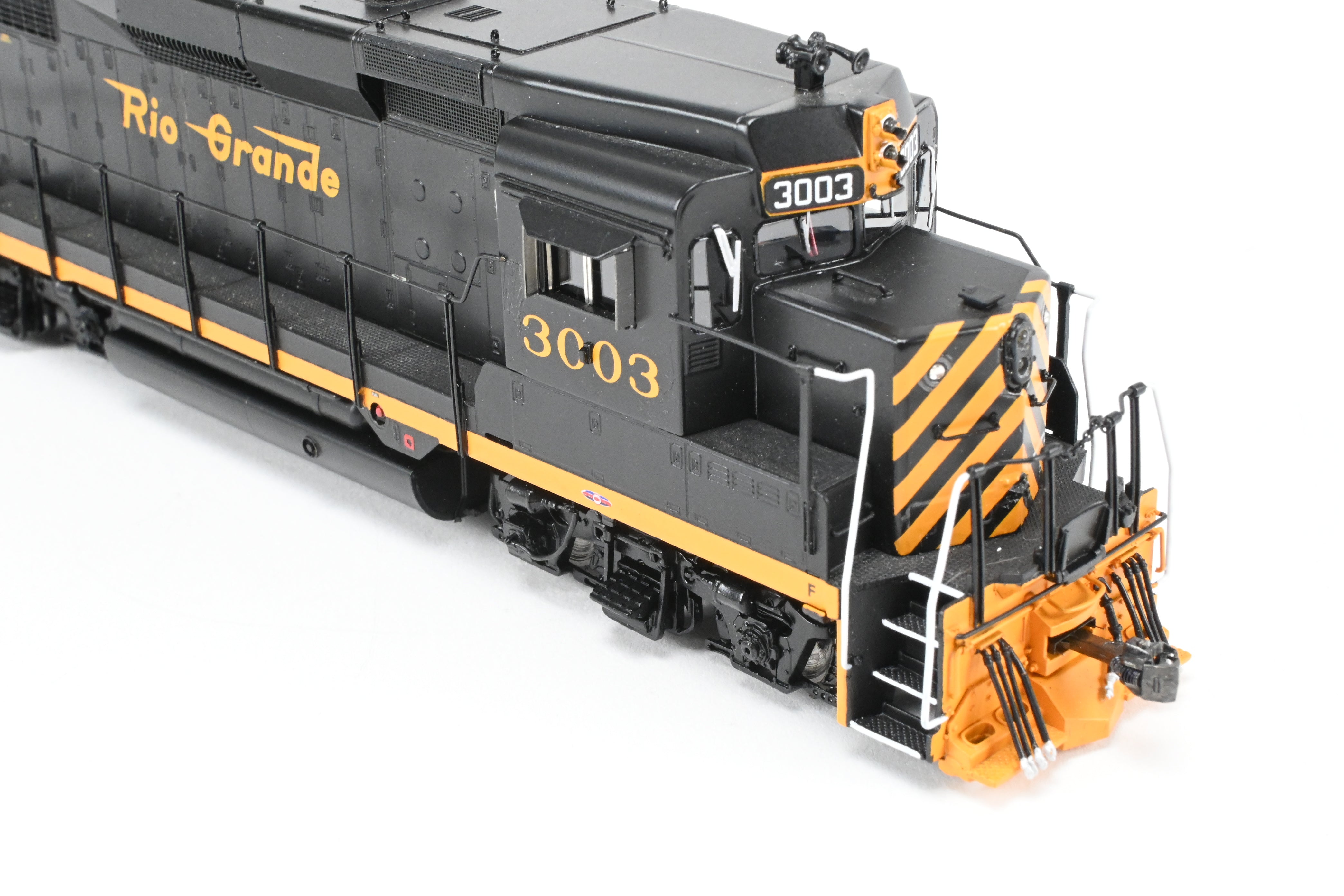 HO Scale Brass Diesel Locomotive Model - Overland Models, Inc. Denver And Rio Grande Western EMD GP30 FP in Black/Orange Color, Numbered #3003, Equipped with DCC & Sound