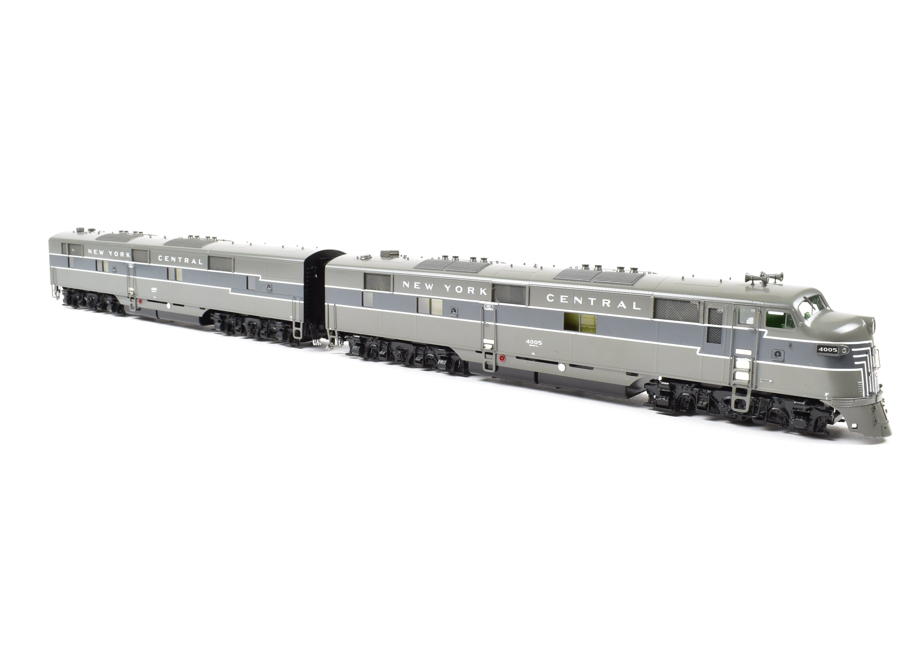 HO Scale Brass Model Train Set - New York Central EMD E7A/E7B Set FP Nos. 4005/4101 with Reverse Lightning Stripe by Challenger Imports NYC