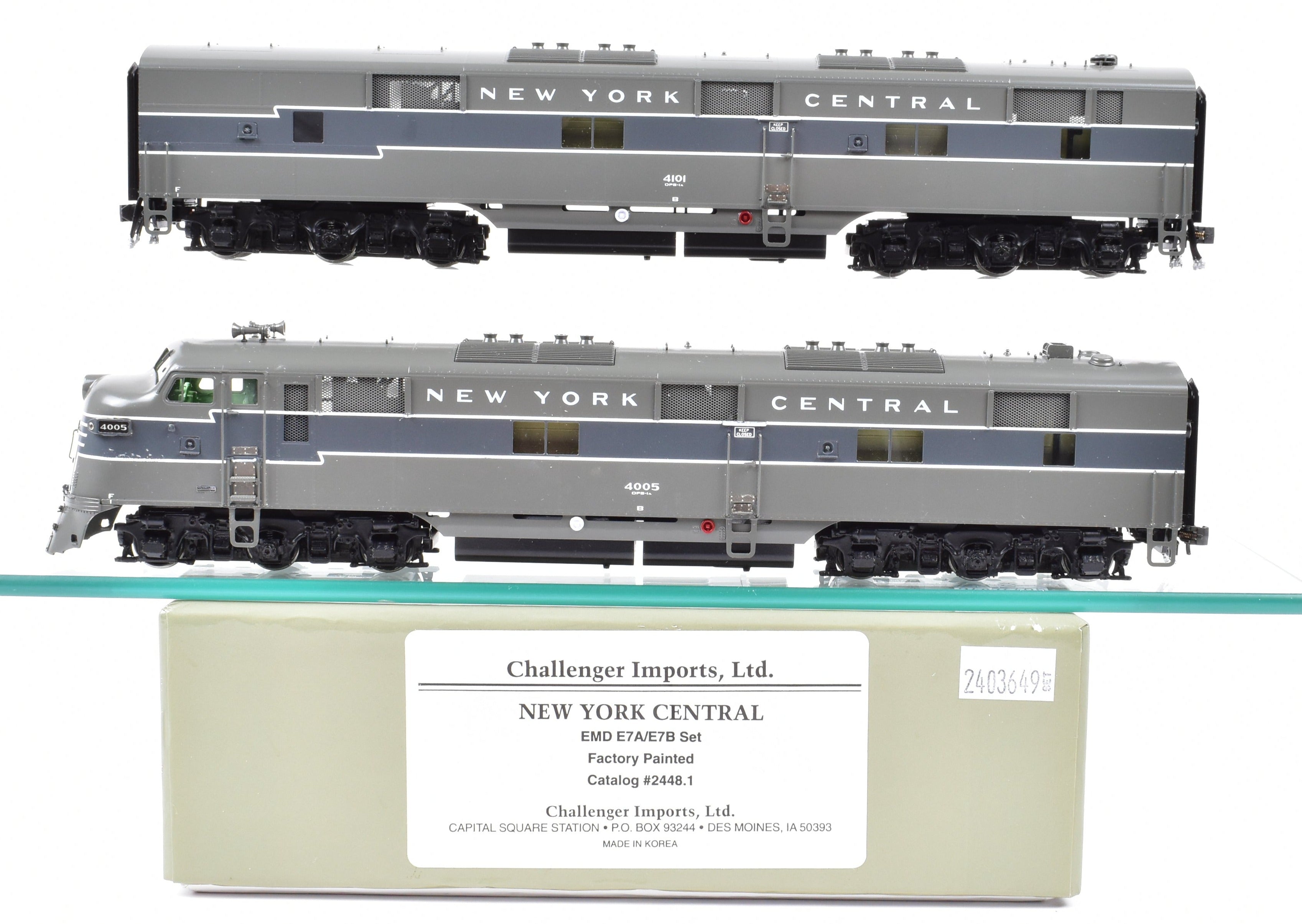 HO Scale Brass Model Train Set - New York Central EMD E7A/E7B Set FP Nos. 4005/4101 with Reverse Lightning Stripe by Challenger Imports NYC
