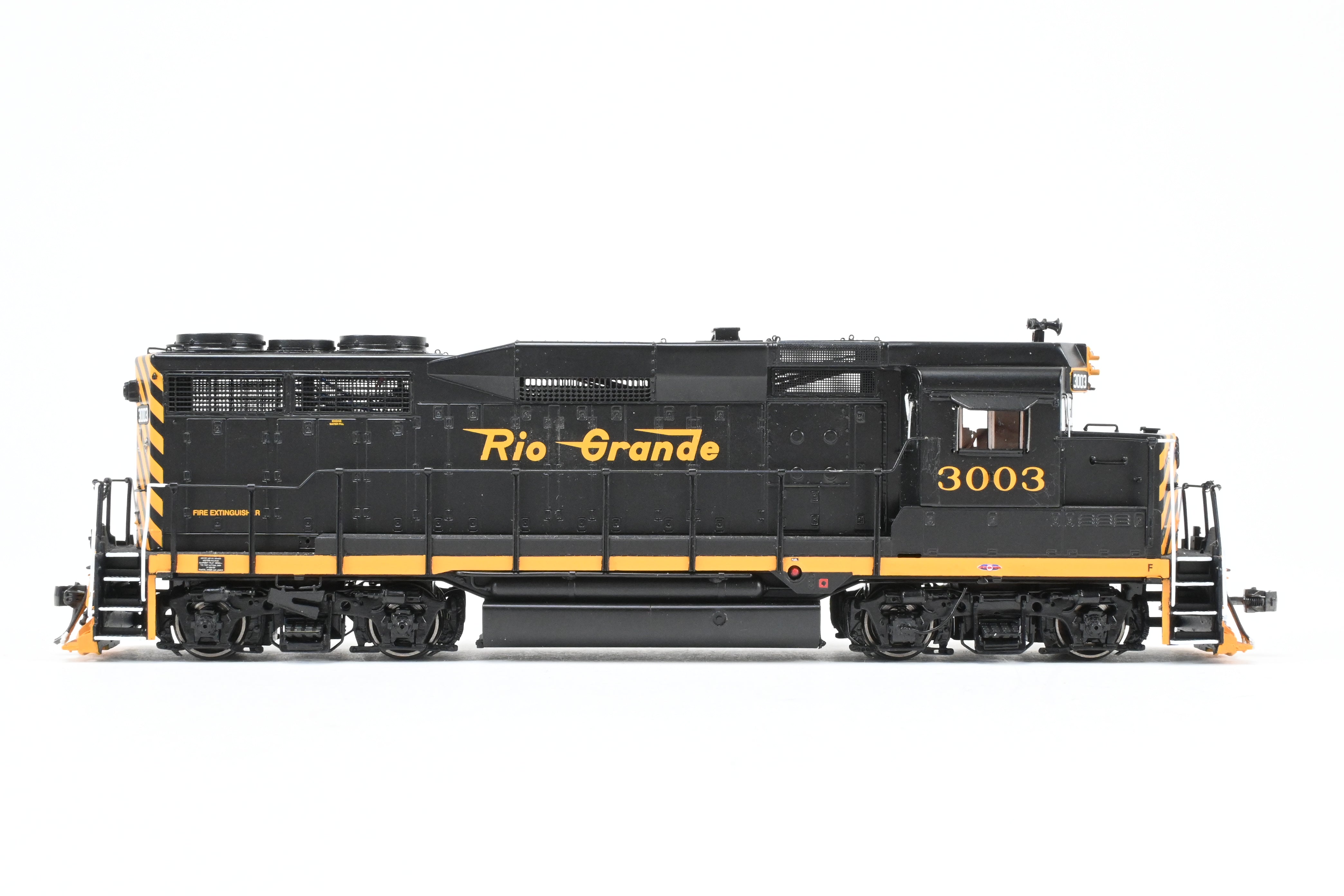 HO Scale Brass Diesel Locomotive Model - Overland Models, Inc. Denver And Rio Grande Western EMD GP30 FP in Black/Orange Color, Numbered #3003, Equipped with DCC & Sound