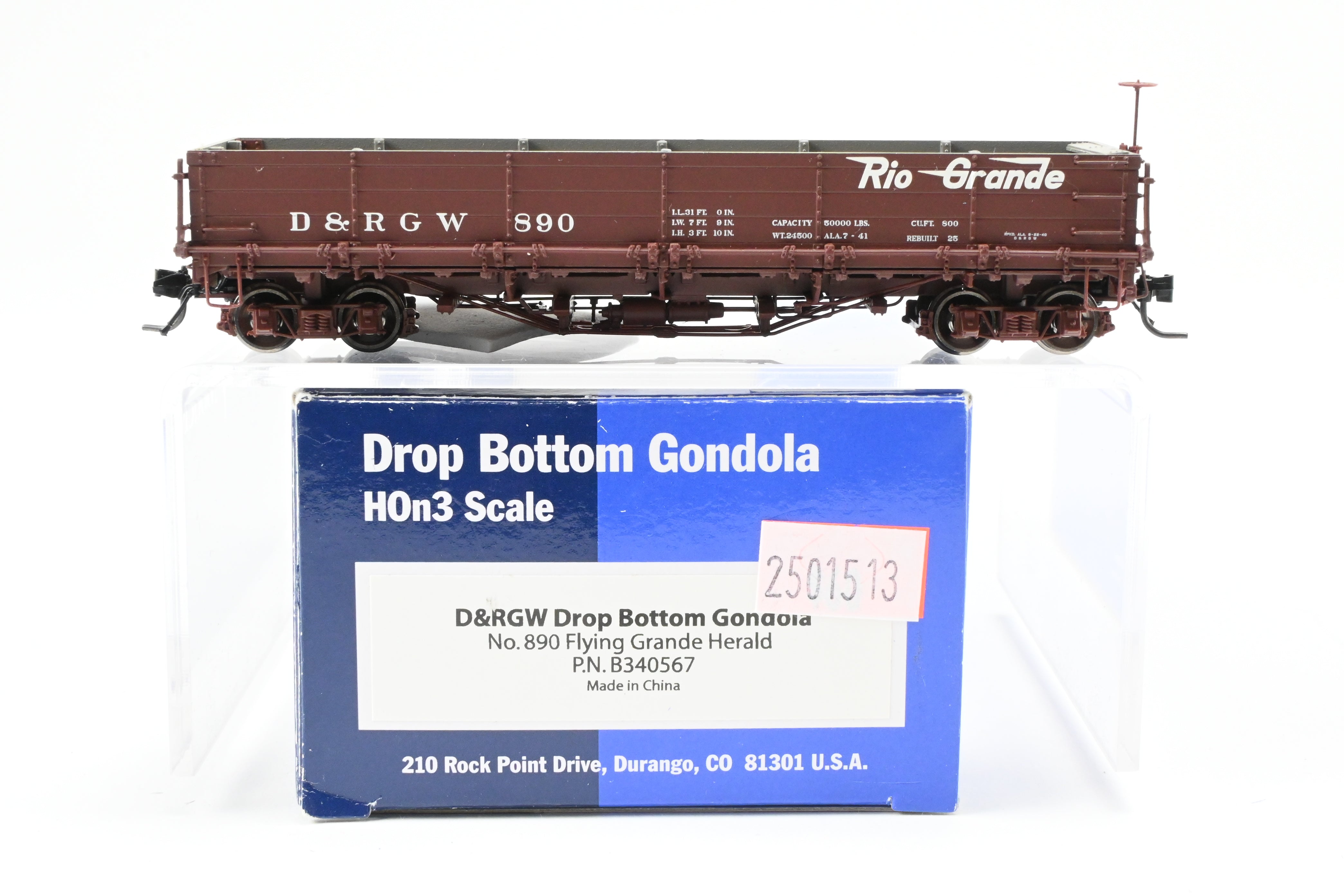 HOn3 Scale Blackstone Models D&RGW - Denver & Rio Grande Western Flying Grande No. 890 Drop Bottom Gondola Model Train