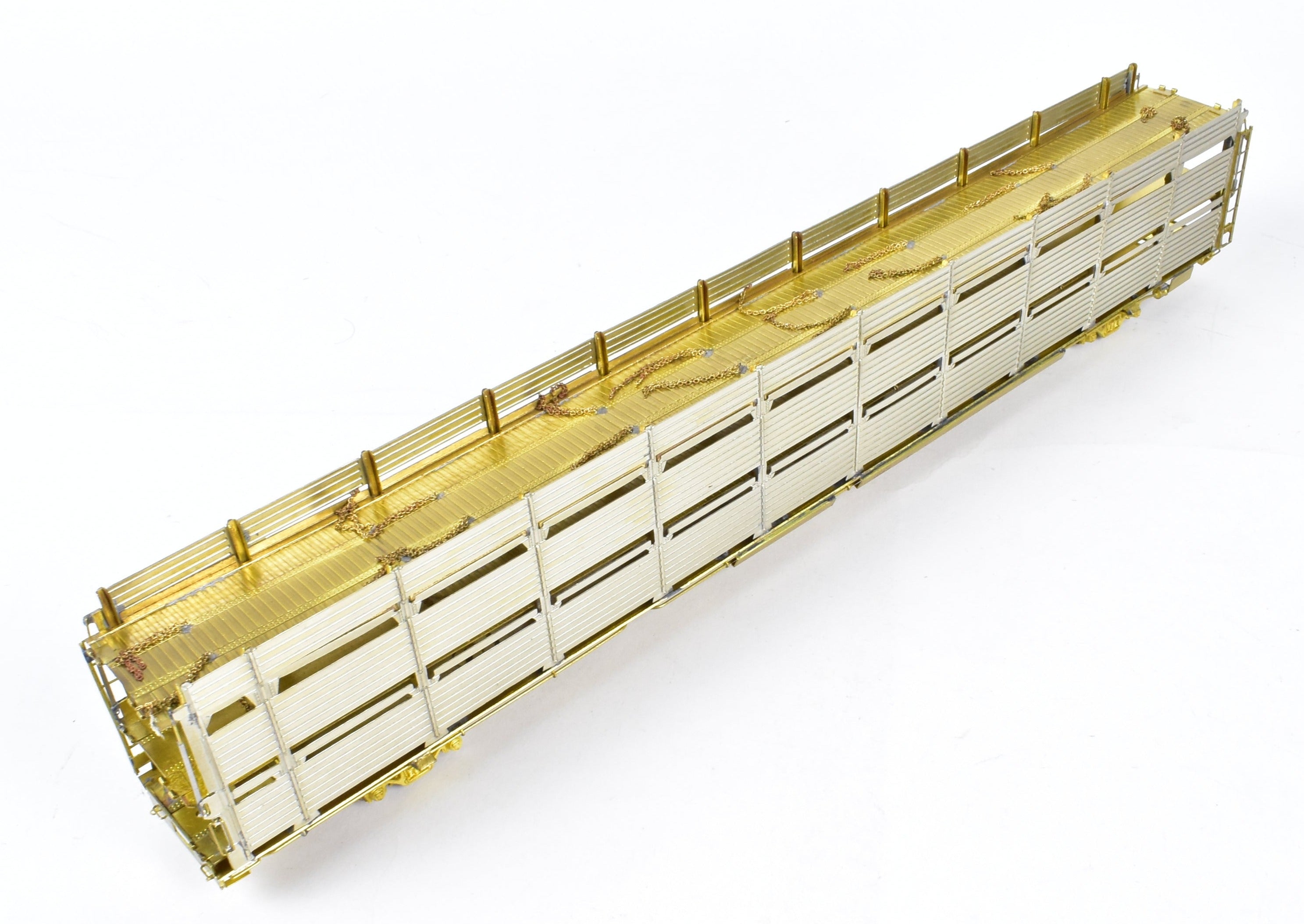 HO Scale Brass Tri - Level Auto Rack Model by Overland Models, Inc. (OMI) for Various Railroads like ATSF, BN, CR, N&W, and SP with Pressed Sides and Optional Roof