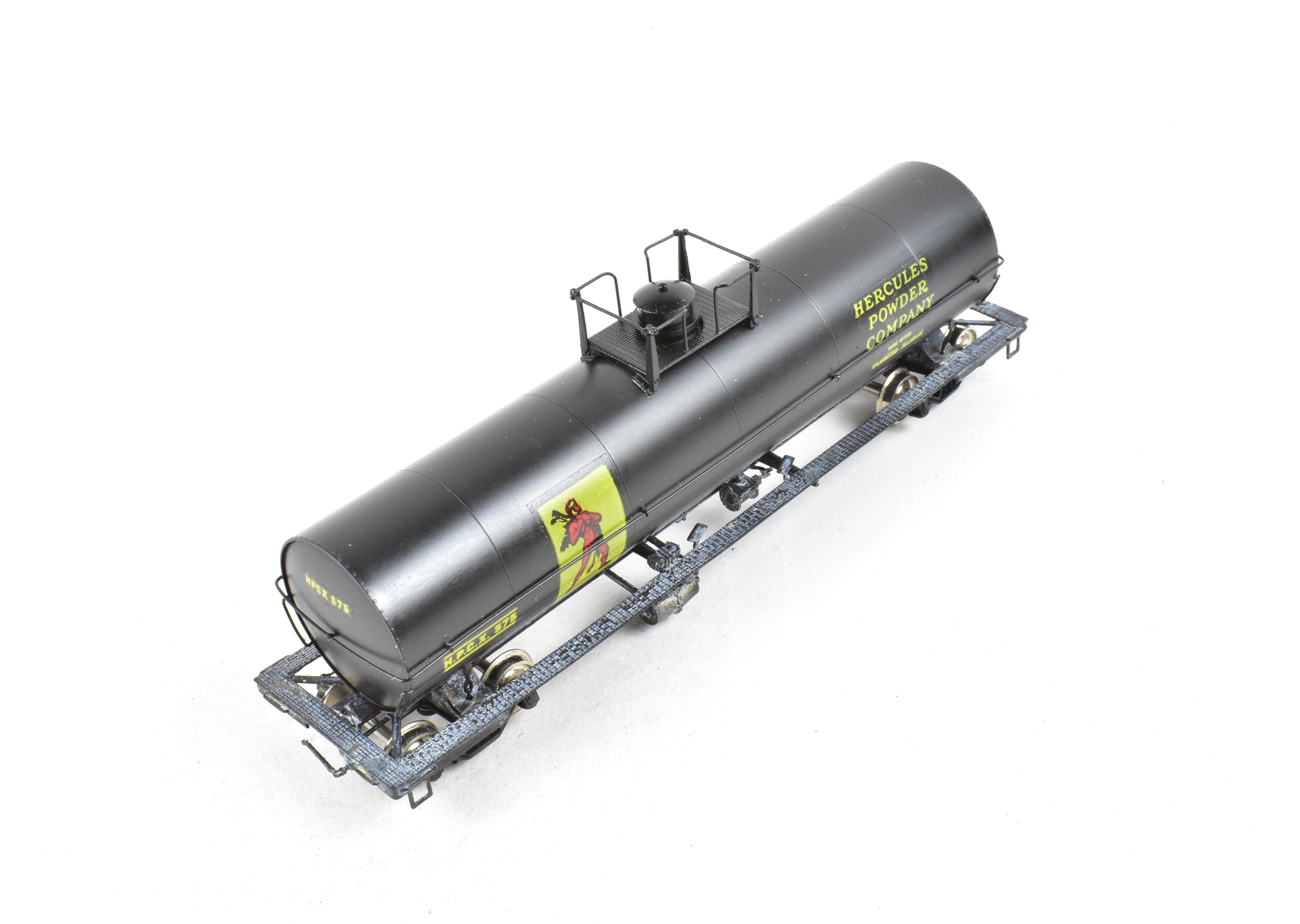 HO Scale Brass Precision Scale Co. 12,000 Gallon Tank Car, Professionally Painted Black with Hercules Powder Company Lettering