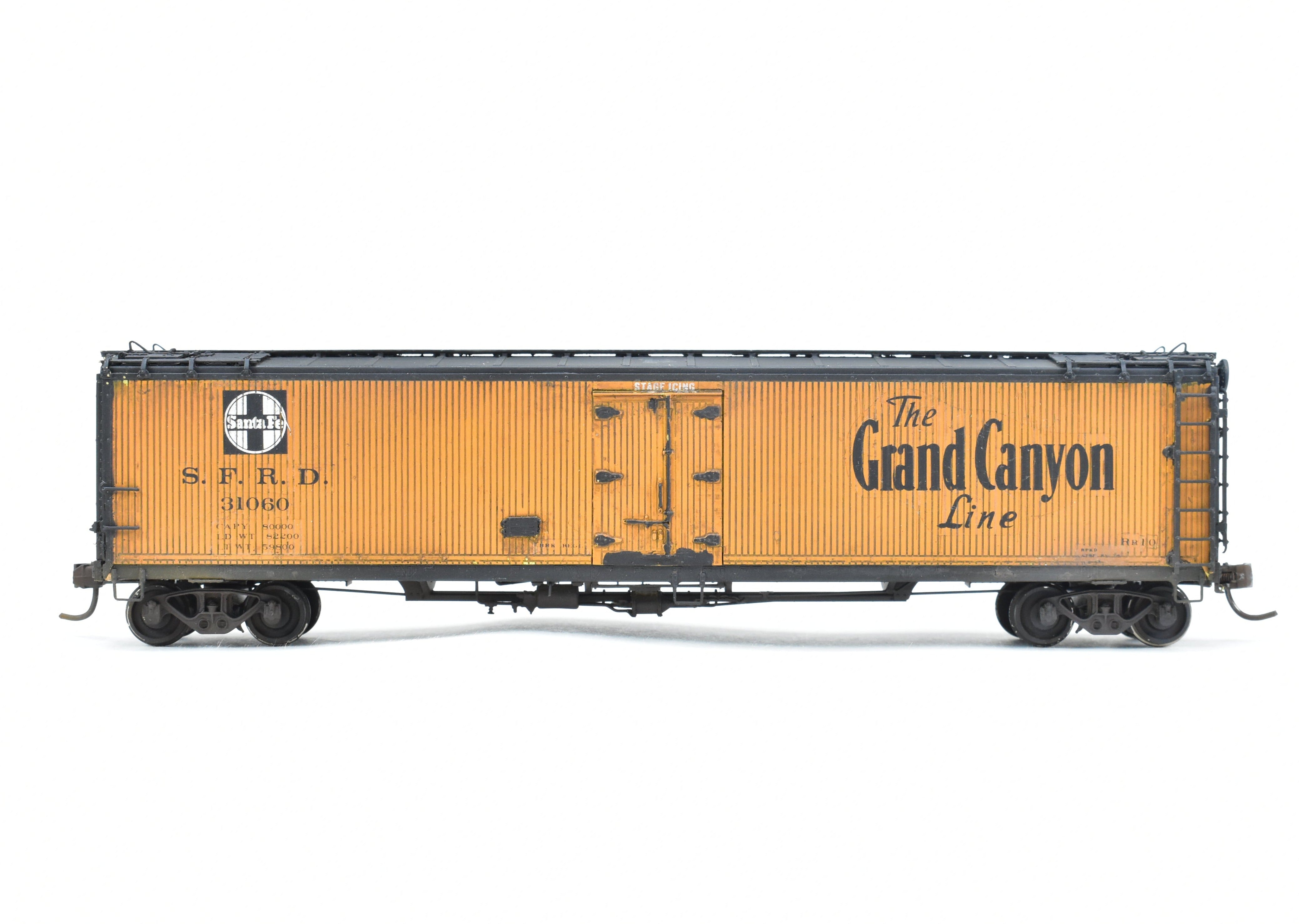 HO Scale Brass Model Train - Overland Models, Inc. ATSF - Santa Fe SFRD Rr - 10 Class 50 - Foot Ice Bunker Wood Refrigerator Car with Custom Weathering and Paint, Numbered 31060