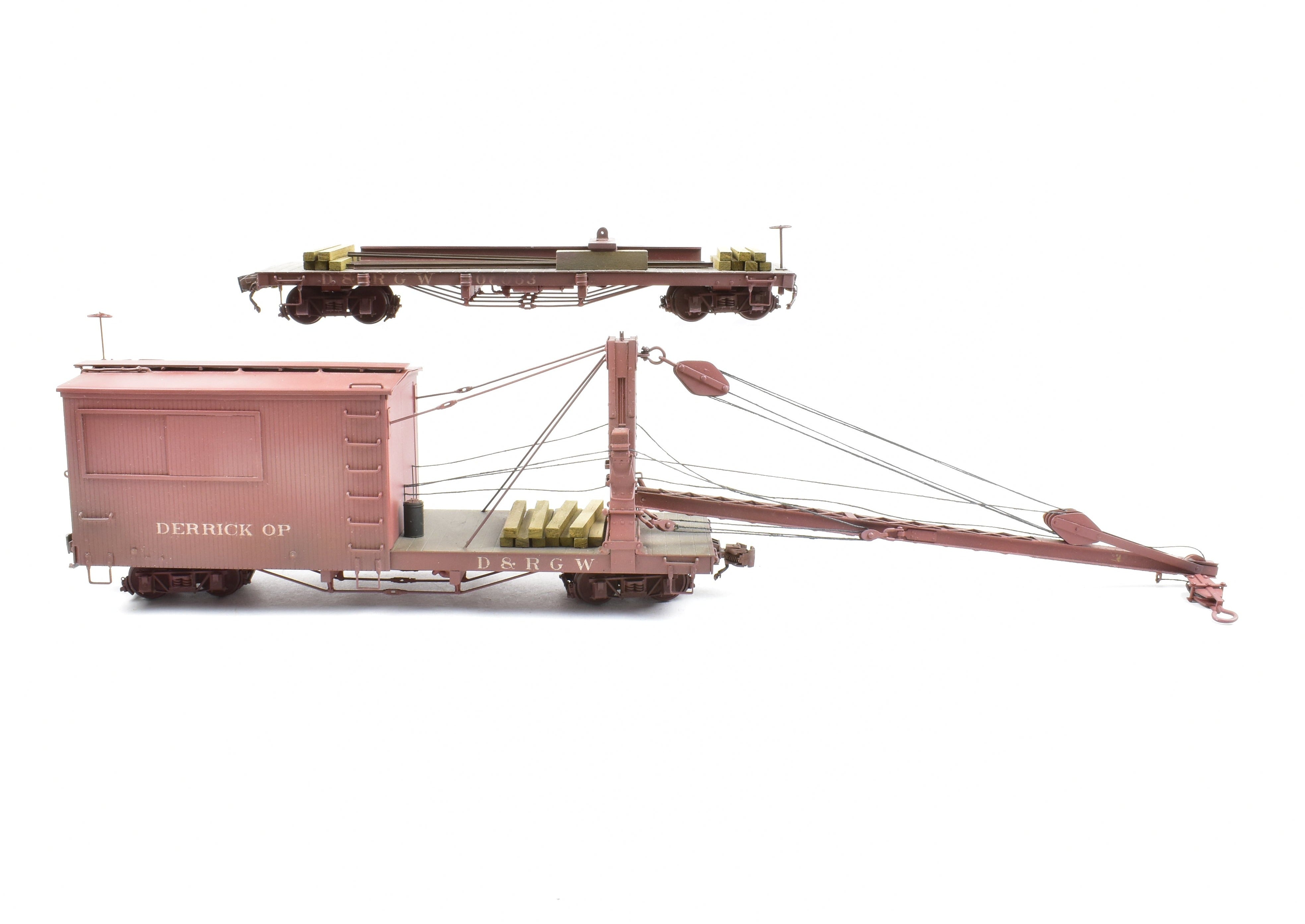 Custom Painted On3 Brass Model of D&RGW - Denver & Rio Grande Western Derrick OP with Idler Car by Westside Model Co.