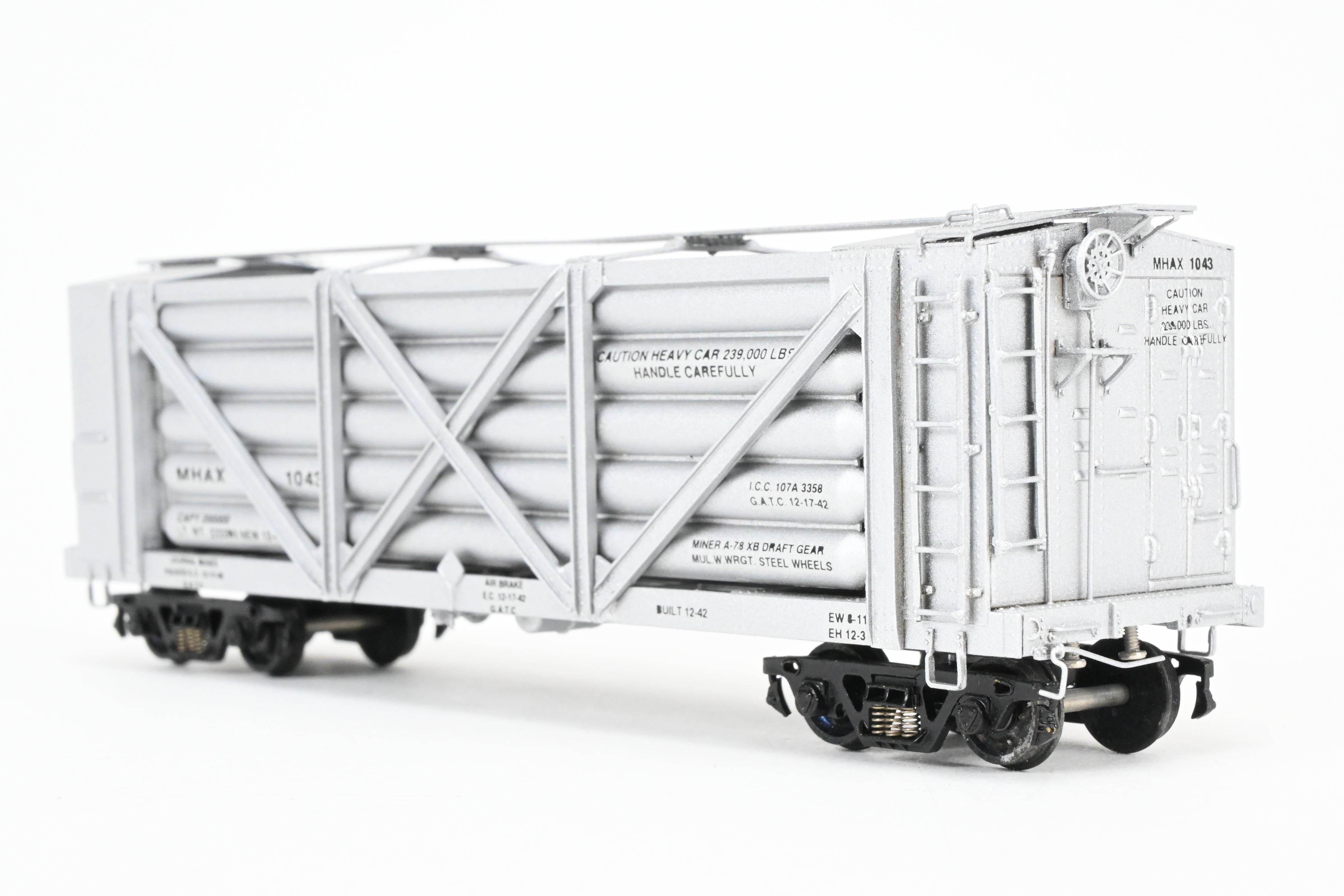 HO Scale Brass Model of United States Navy Helium Car - Pecos River Brass Premier Model USNX (Original Version) with Helium Tanks, FP No. 1043