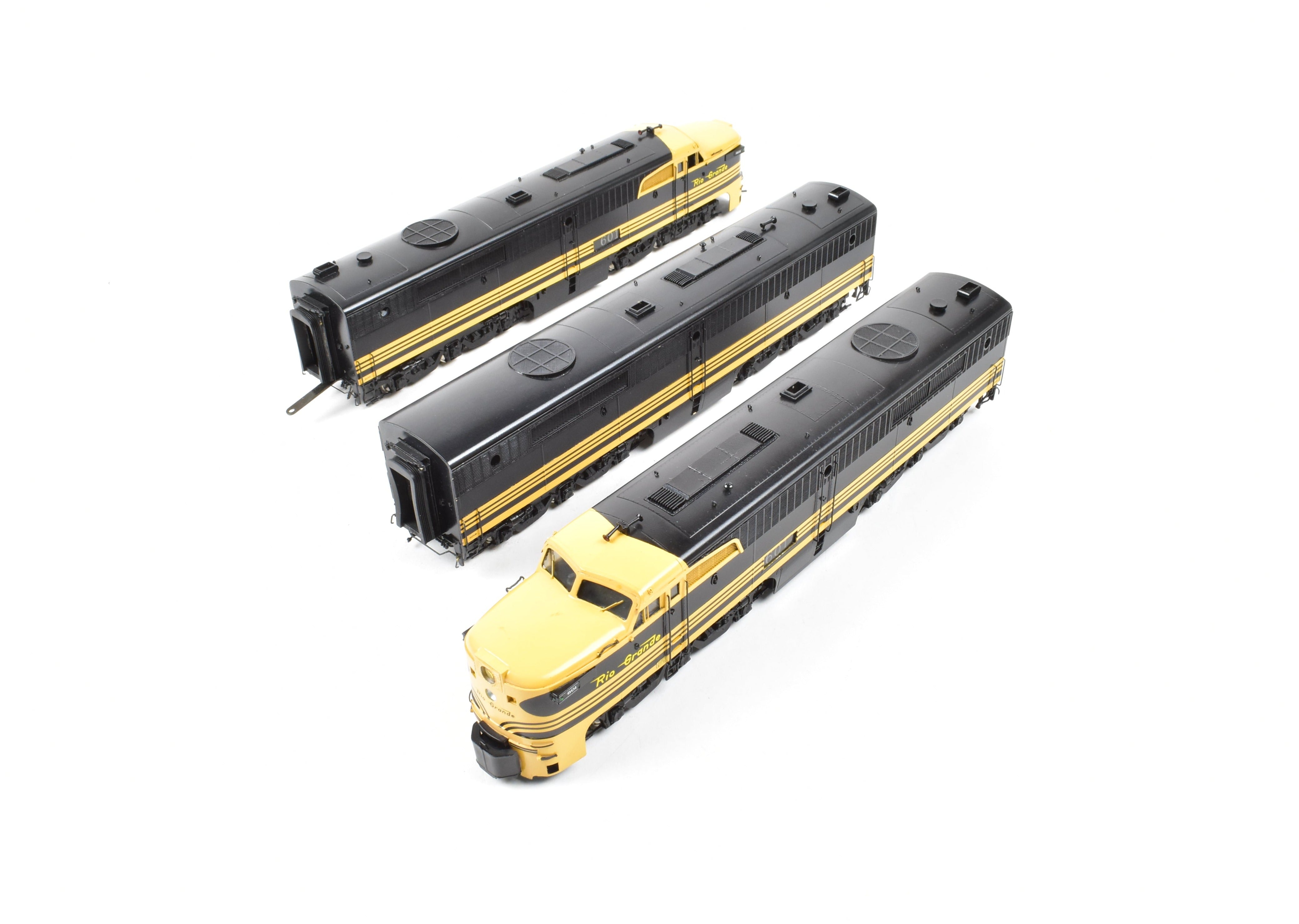 HO Scale Brass Model Train Key Imports D&RGW - Denver & Rio Grande Western Alco PA A/B/A Set Locomotive in Black and Yellow Color Scheme