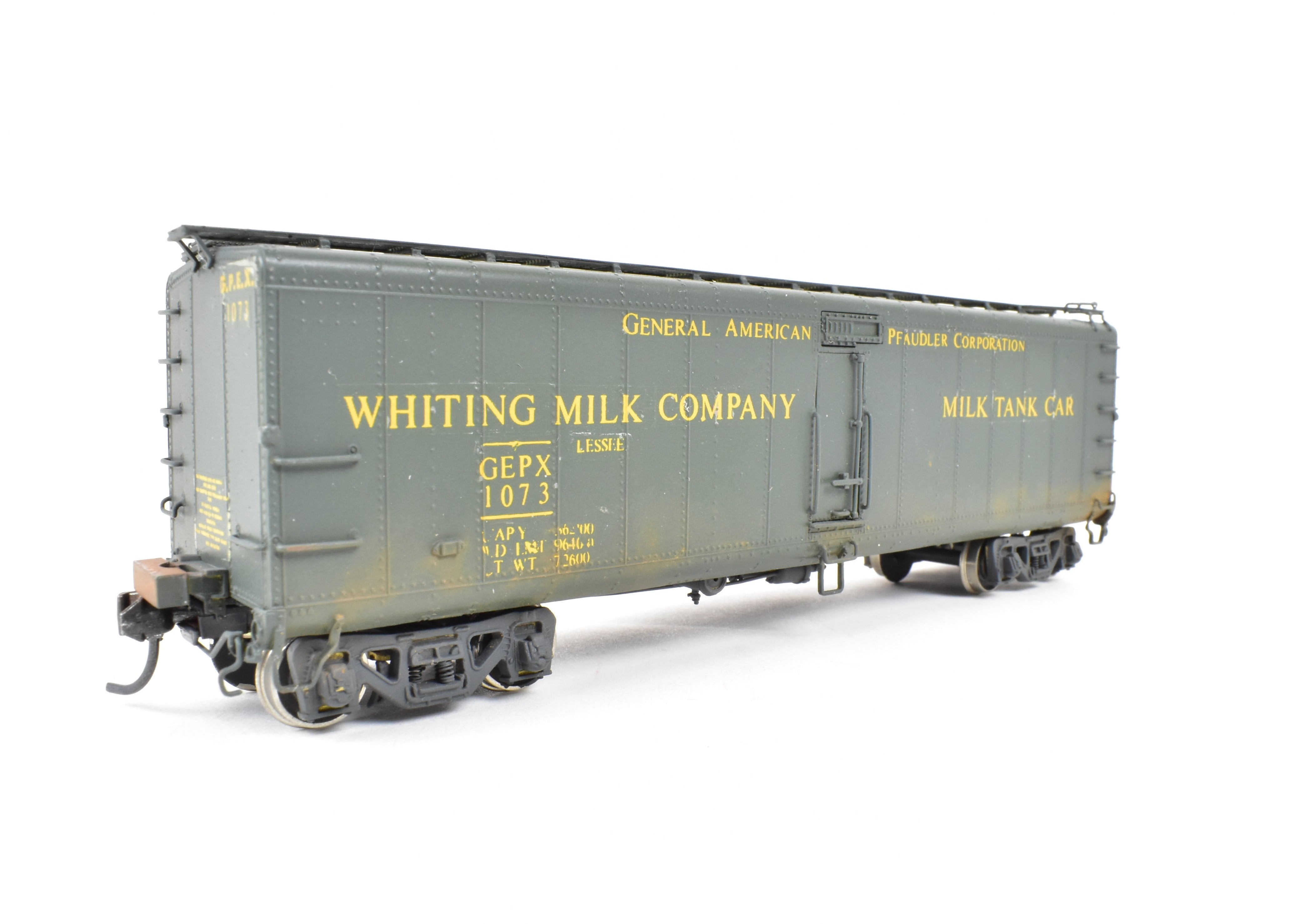 HO Scale Brass Milk Tank Car Model by Overland Models, Inc. (OMI) - Various Roads 40'6 GPEX 1073 Pfaudler, Lighted and Weathered for Realistic Display