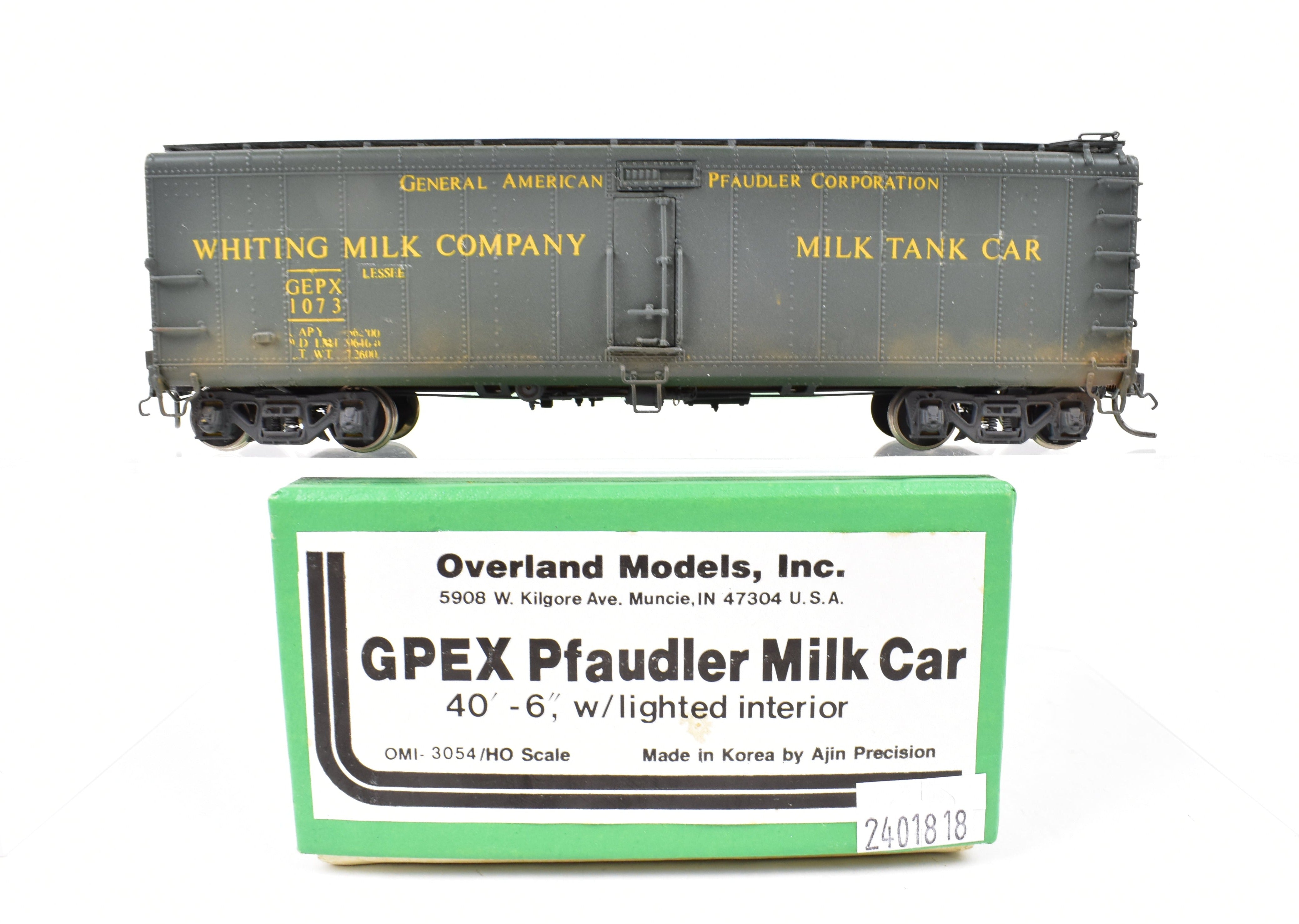 HO Scale Brass Milk Tank Car Model by Overland Models, Inc. (OMI) - Various Roads 40'6 GPEX 1073 Pfaudler, Lighted and Weathered for Realistic Display