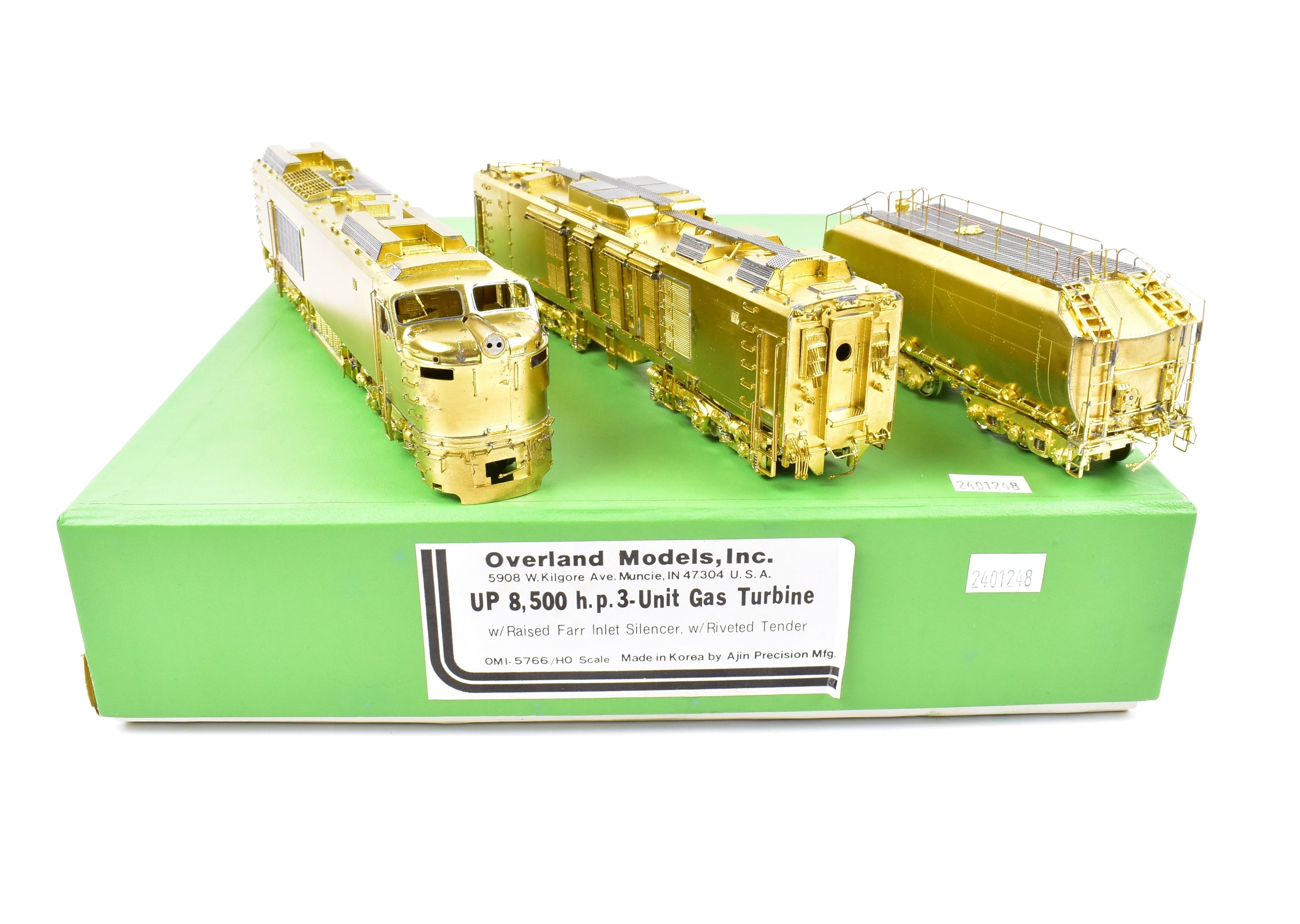 HO Scale Brass Model Train Set - Overland Models, Inc. Union Pacific GE 8500 HP Gas Turbine Big Blow 3-Unit Unpainted Set with Raised Farr Inlet Silencer and Riveted Tender