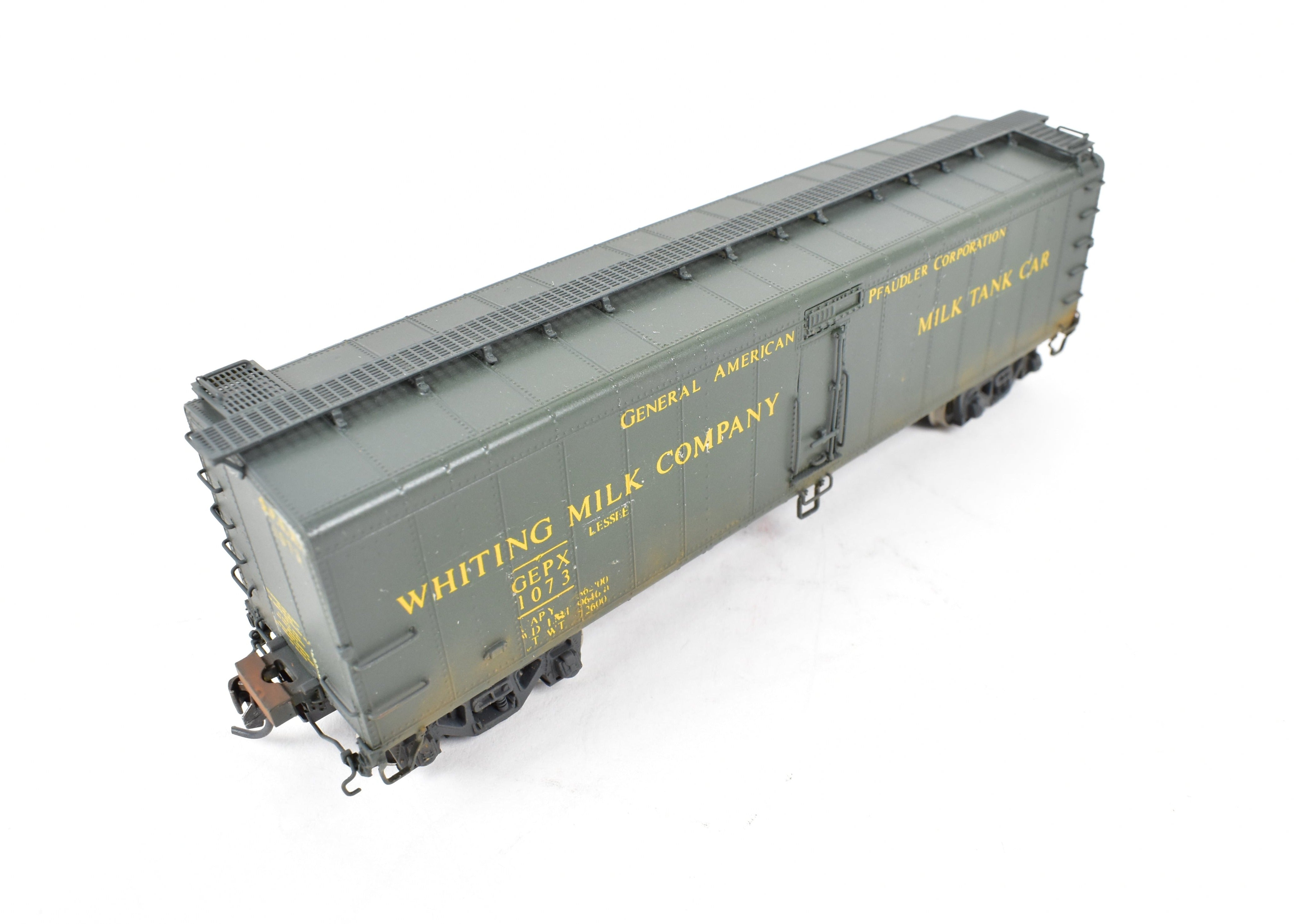 HO Scale Brass Milk Tank Car Model by Overland Models, Inc. (OMI) - Various Roads 40'6 GPEX 1073 Pfaudler, Lighted and Weathered for Realistic Display