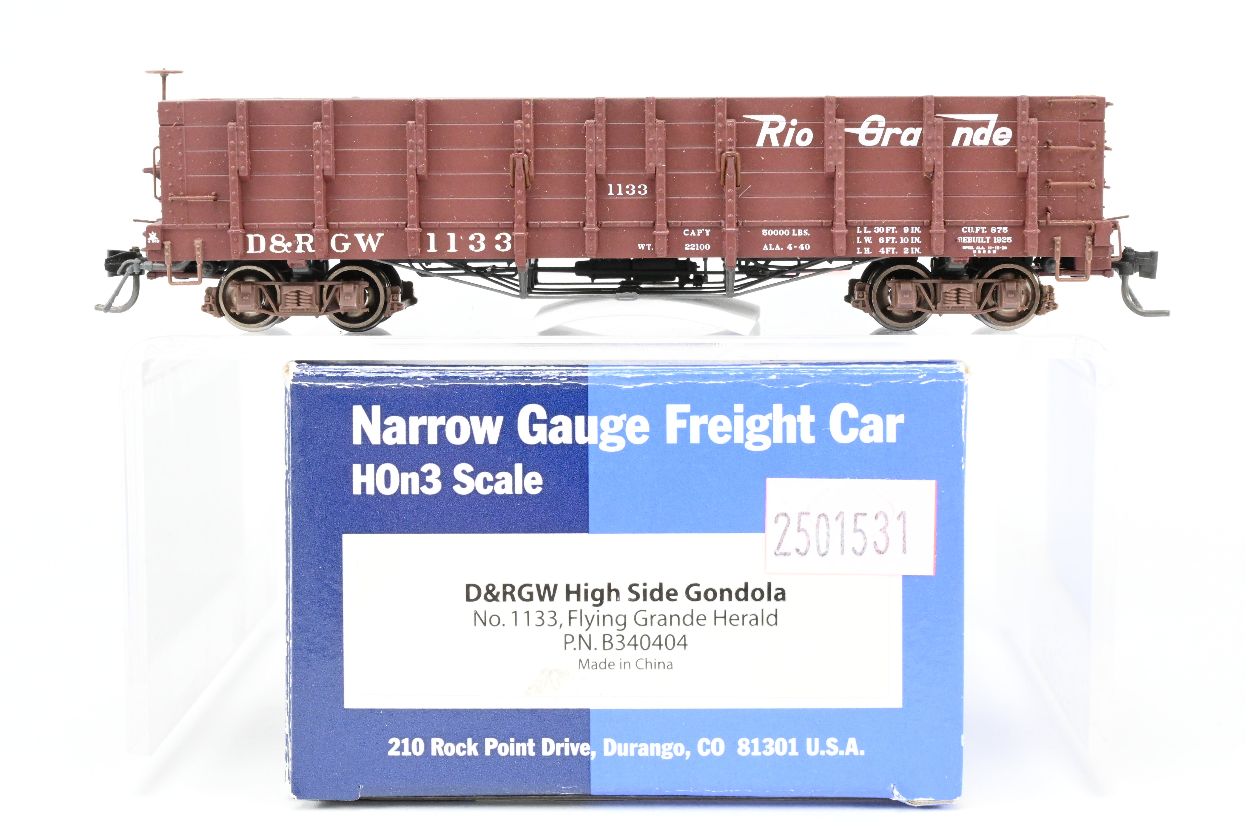 HOn3 Blackstone Models D&RGW Brown High Side Gondola No. 1133 with Flying Grande Herald