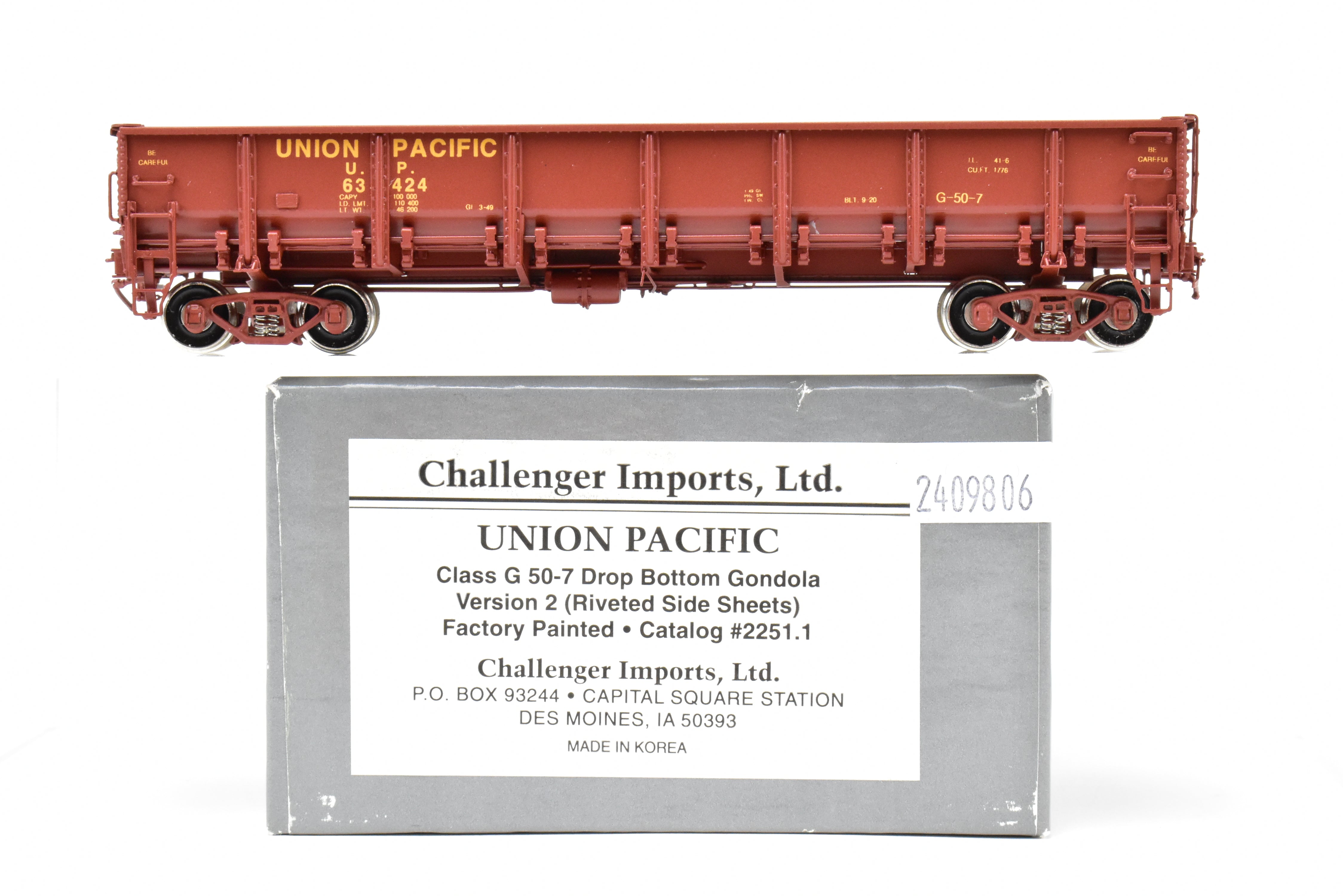 HO Scale Brass Challenger Imports Union Pacific Class G50 - 7 Drop Bottom Gondola Model Version 2 with Riveted Side Sheets, Factory - Painted FP #63424