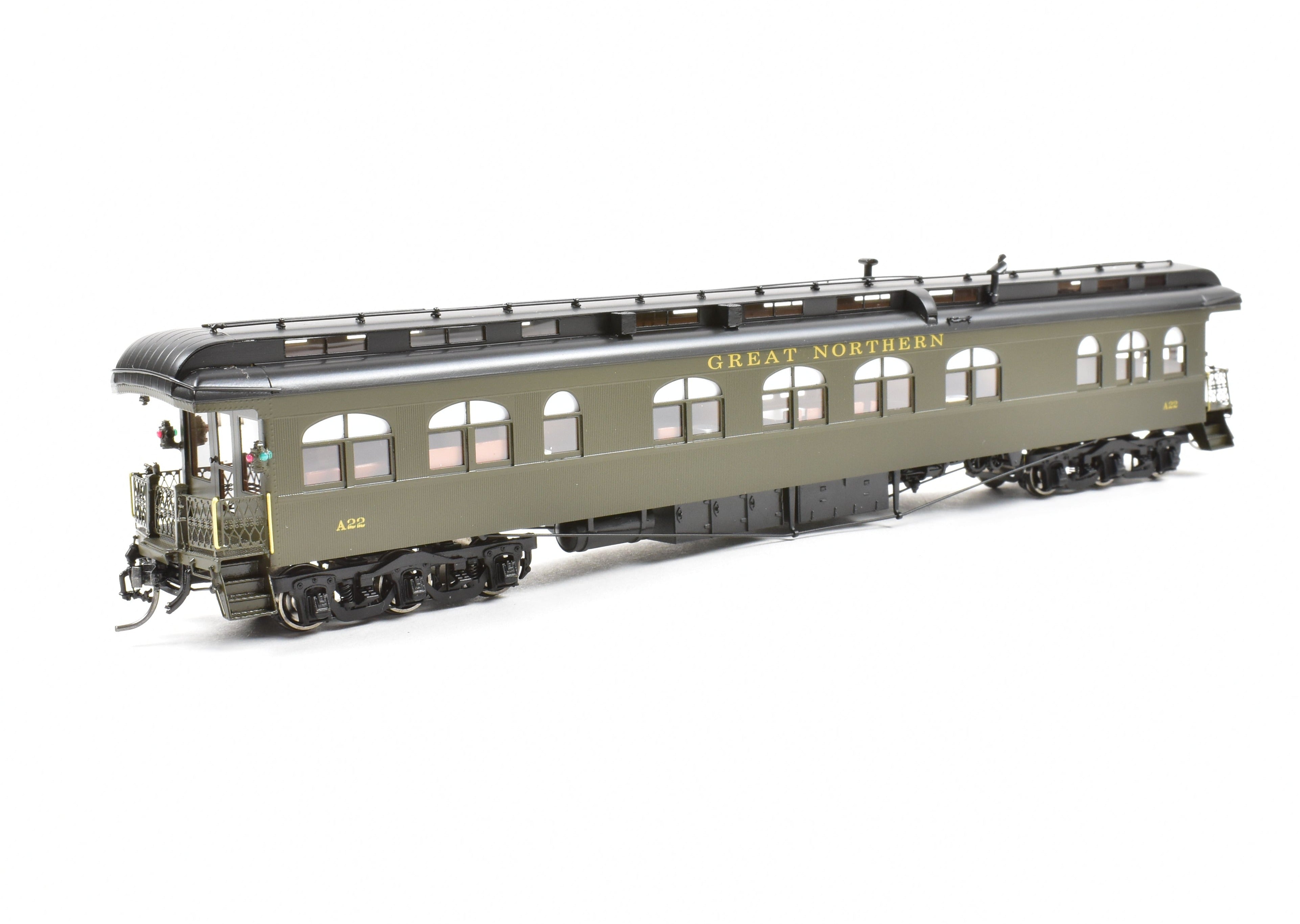 High - Quality HO Scale New Brass Model of North Bank Line (NBL) and Great Northern (GN) A22 Business Car with Wood Sides in Pullman Green for Model Train Enthusiasts